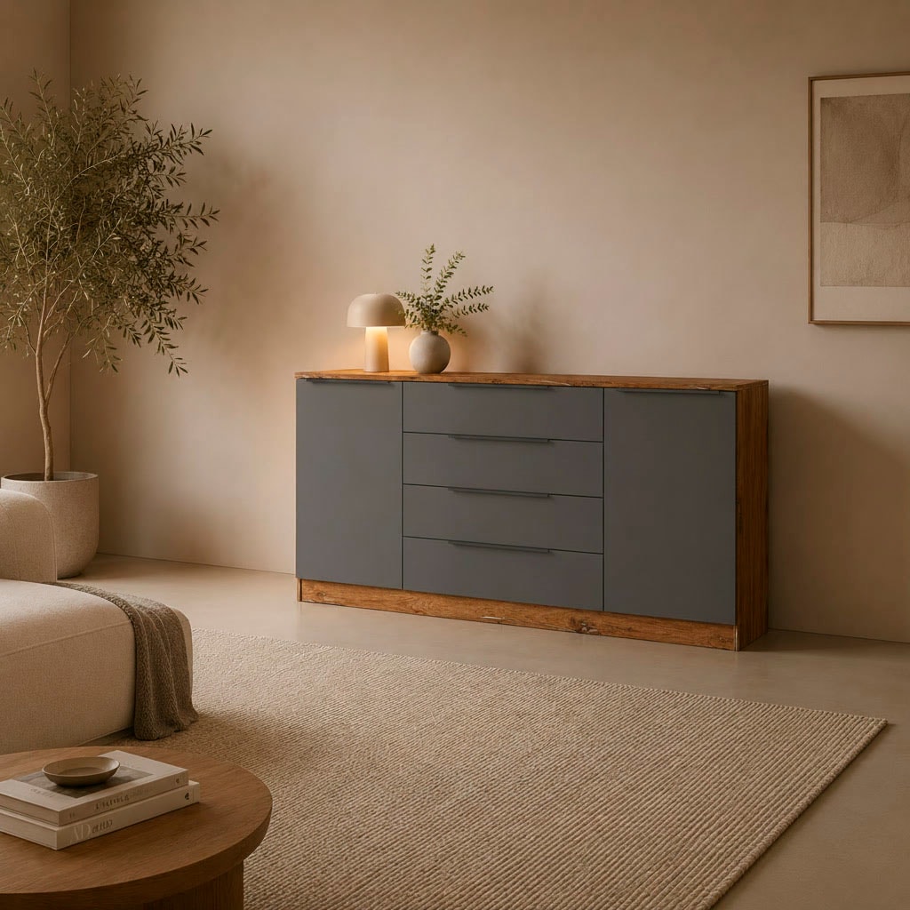 borchardt Möbel Sideboard »Tom, moderne Kommode mit dunklen Metallgriffen« 166cm, 2 Türen 4 Schubfächer, variable Einlegeböden, viel Stauraum