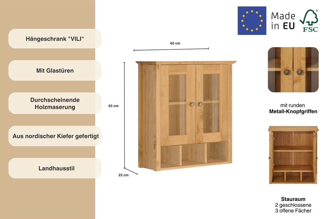 Home affaire Hängeschrank »Vili« Badezimmerschrank, mit Glastüren, Breite 60 cm, aus Massivholz