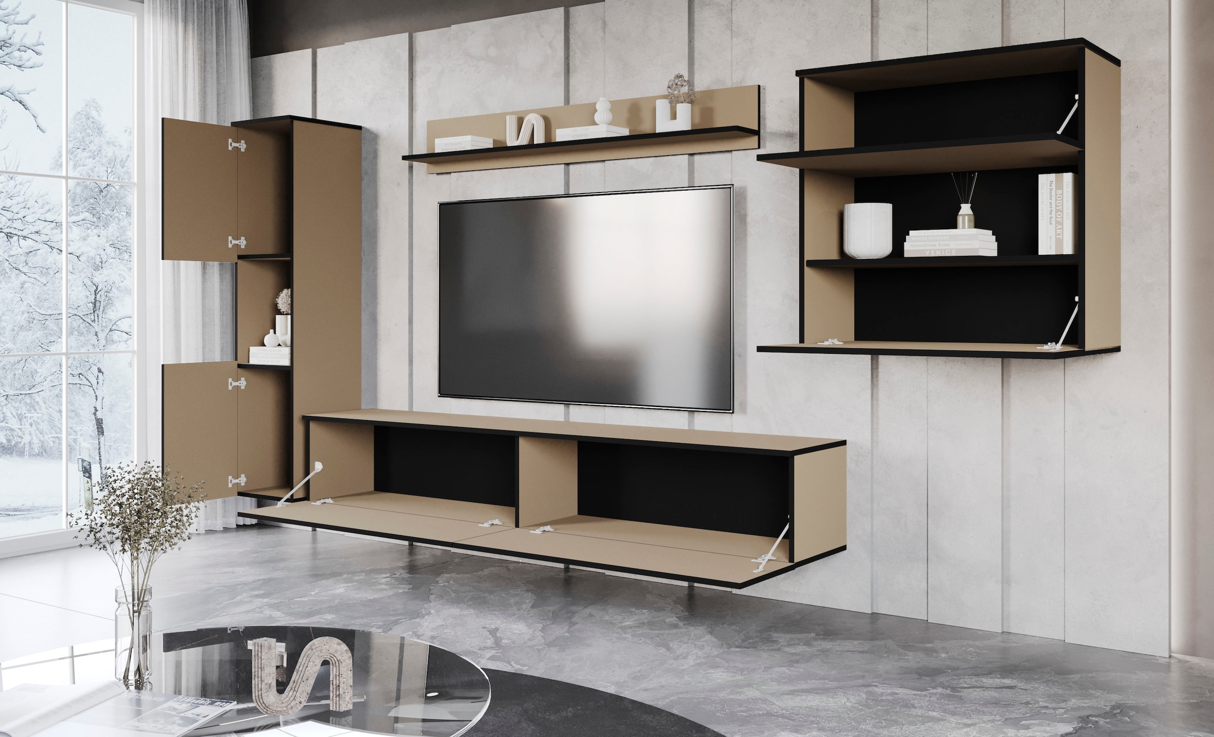 INOSIGN Wohnwand »PARIS, Vitrine Türanschlag links/rechts wechselbar«, (Komplett-Set, 4 St.), grifflose Design, stehend und hängend montierbar