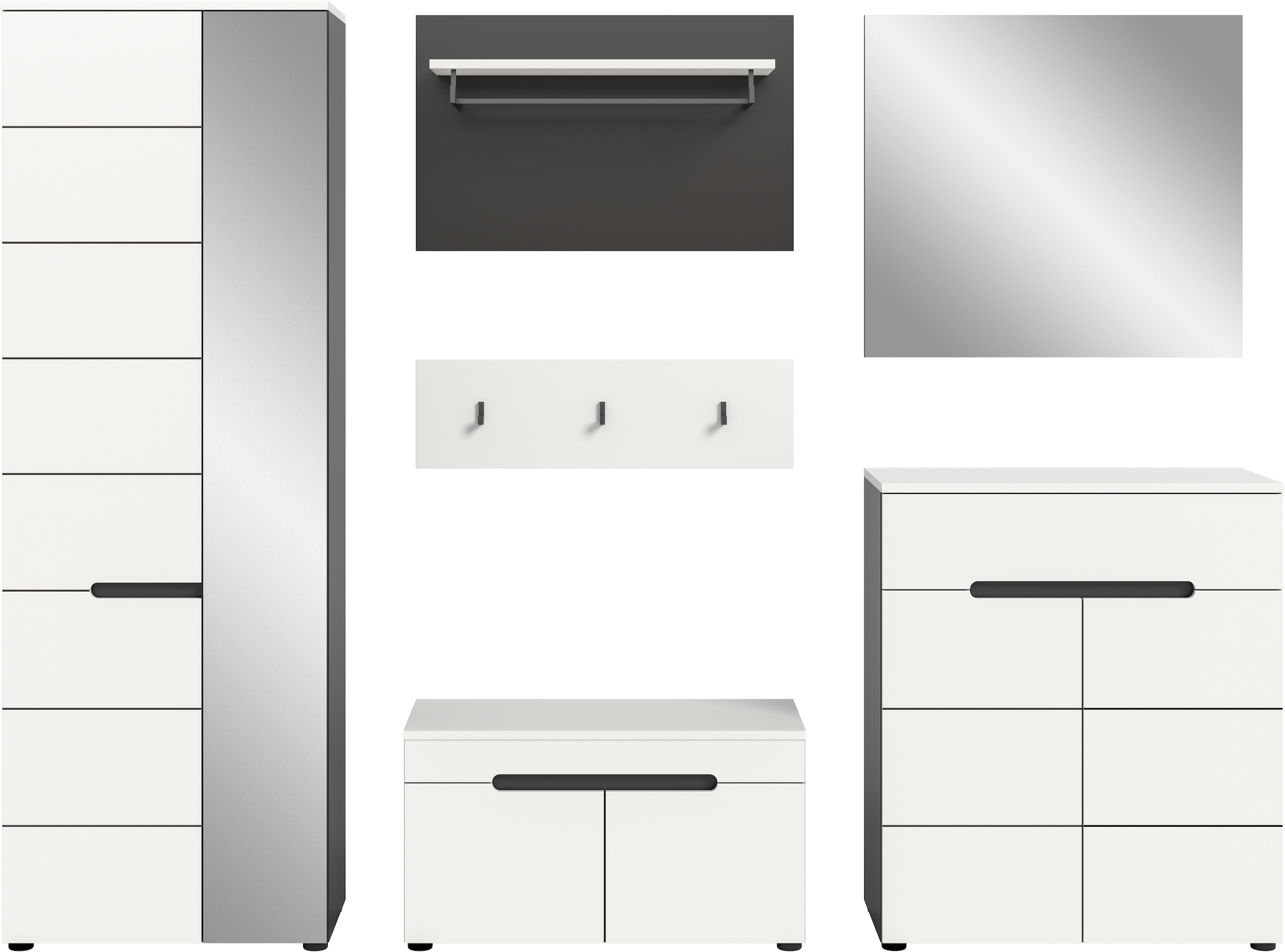 Home affaire Garderoben-Set »Rehat, Garderobenkombination, Breite 255cm« Garderobenschrank, Sitzbank, Paneel, Hakenleiste, Spiegel, Kommode, 