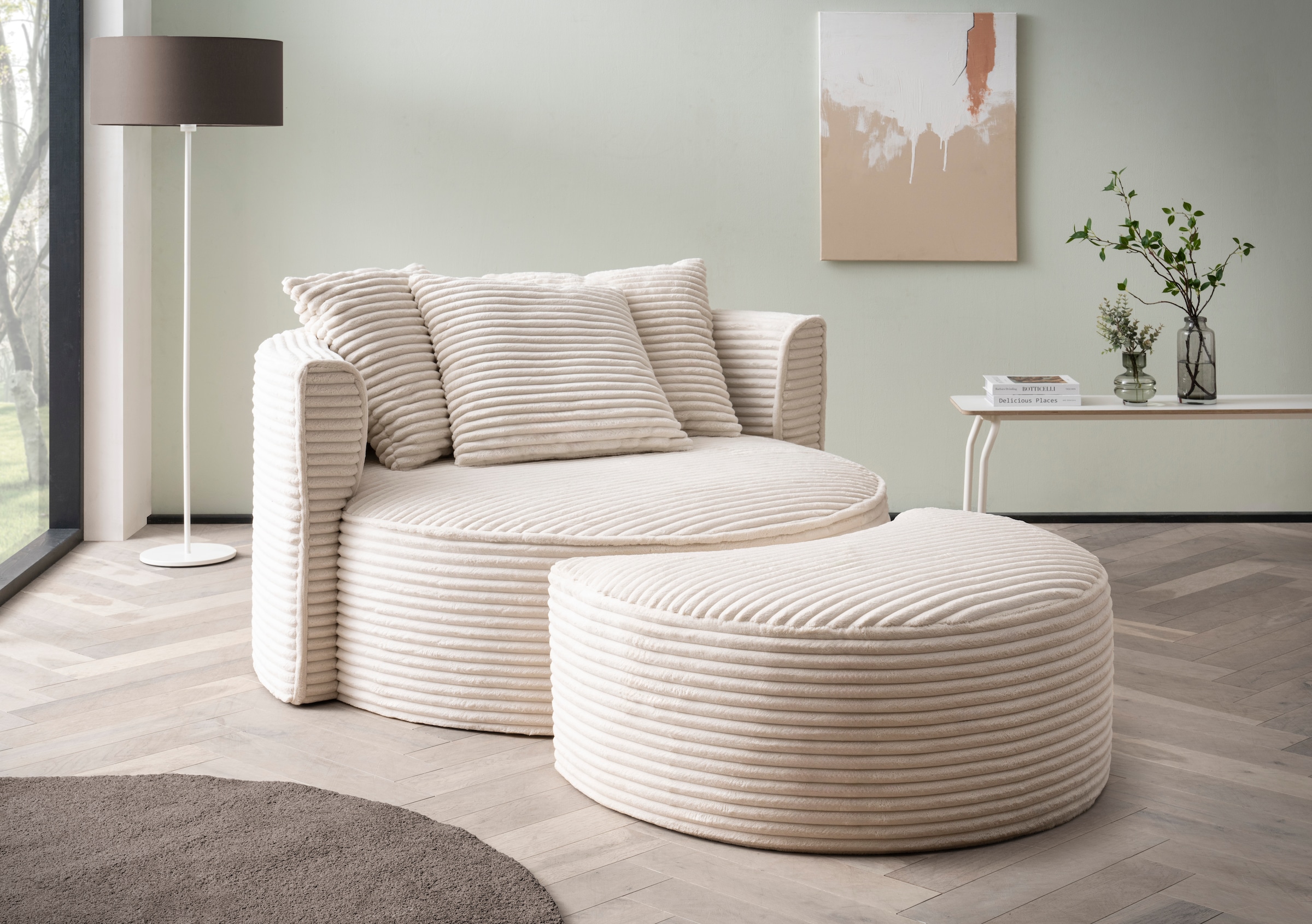 LeGer Home by Lena Gercke XXL-Sessel "ISALIE Cord, Rundsessel mit Hocker, Lesesessel, Loveseat, Big-Sessel" Set, trendige Bezugsstoffe, 3 Zierkissen, große Sitzfläche
