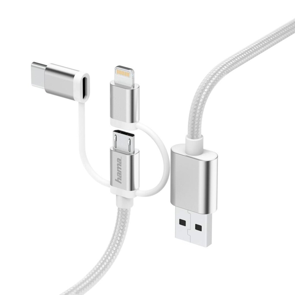 Hama USB-Kabel »3in1 Micro USB Kabel mit Adapter auf USB Type C und Lightning«, Lightning-Micro-USB-USB Typ A-USB-C, 20 cm