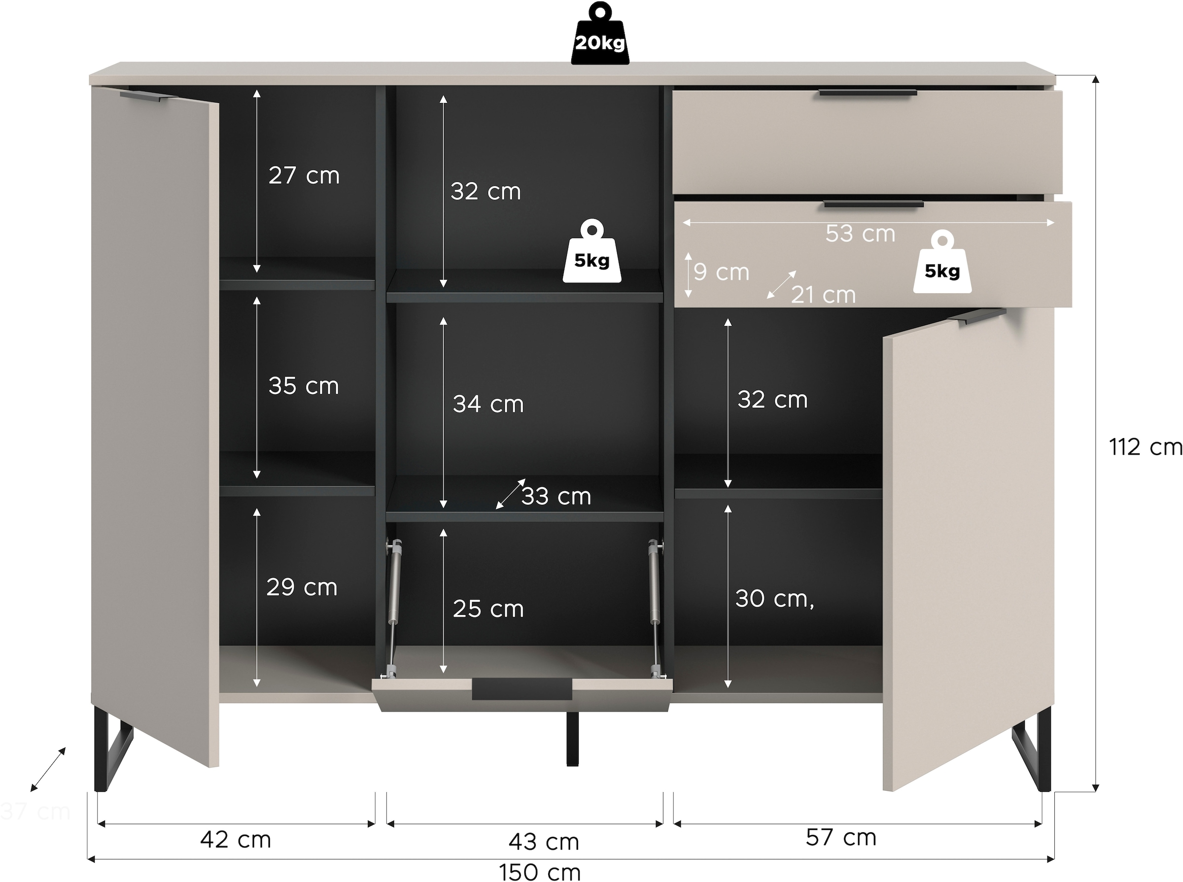INOSIGN Highboard »ADIO, Breite 150cm, 2 Türen, 1 Klappe, 2 Schubkästen, mit Metall-Kufen« 1 Stk. tlg. Sideboard, Kommode, Lowboard, Schrank, Wohnzimmerschrank, Anrichte