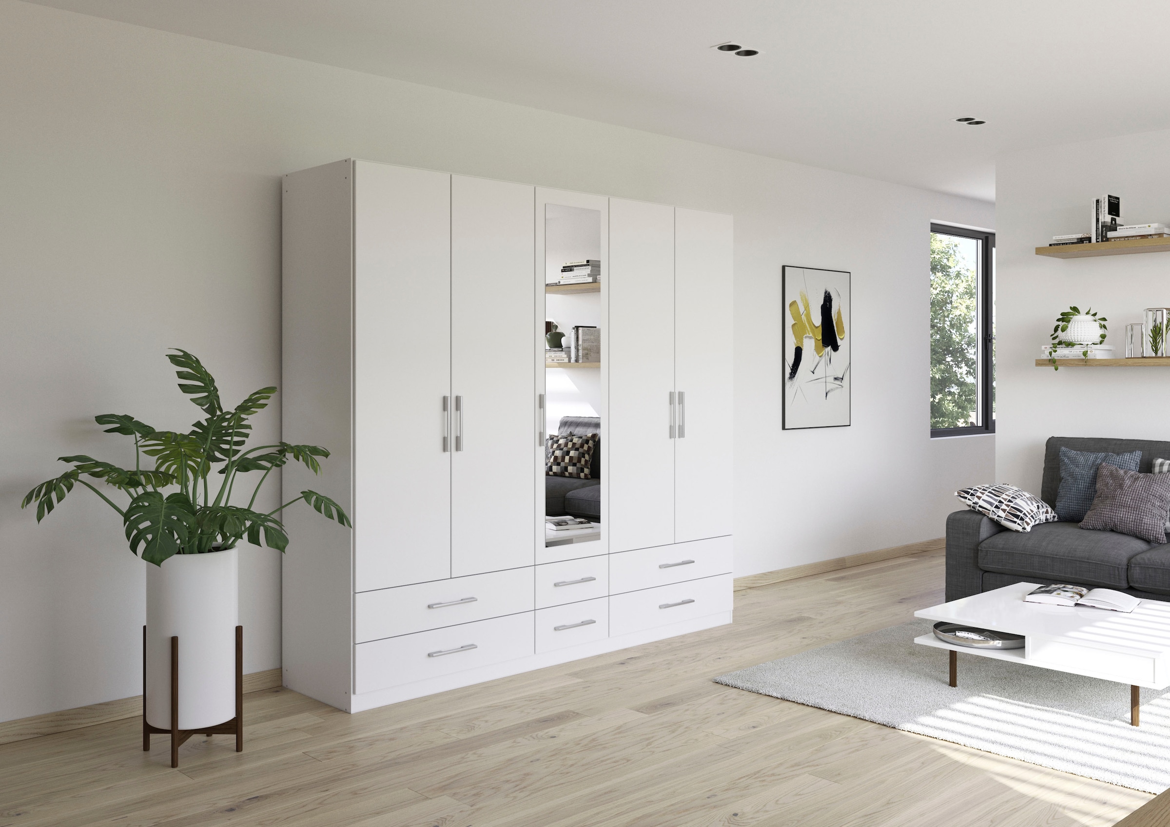 rauch Kleiderschrank »Schrank Garderobenschrank Mehrzweckschrank Schlafzimmer HERSBRUCK« 3 verschiedene Ausstattungen BASIC/CLASSIC/PREMIUM (inkl. SOFT-CLOSE),  mit großzügigen Schubladen sowie Spiegeltüren MADE IN GERMANY