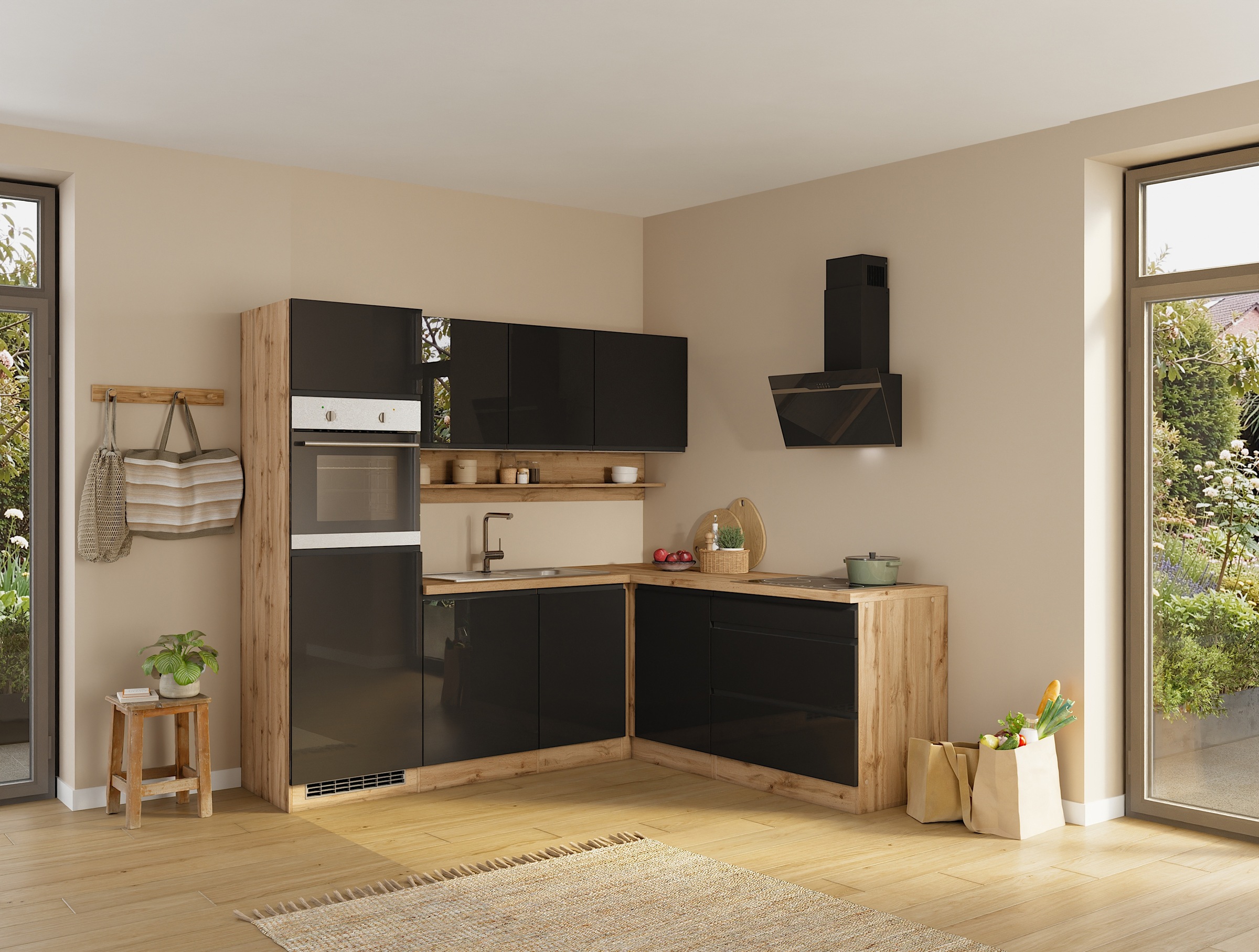 KOCHSTATION Winkelküche »KS-Virginia,neu in verbesserter Ausführung« Arbeitsplatte 38 mm stark, Stauraum, Softclose,  Stellbreite 230/190 cm, Soft-Close,wahlweise mit E-Geräten