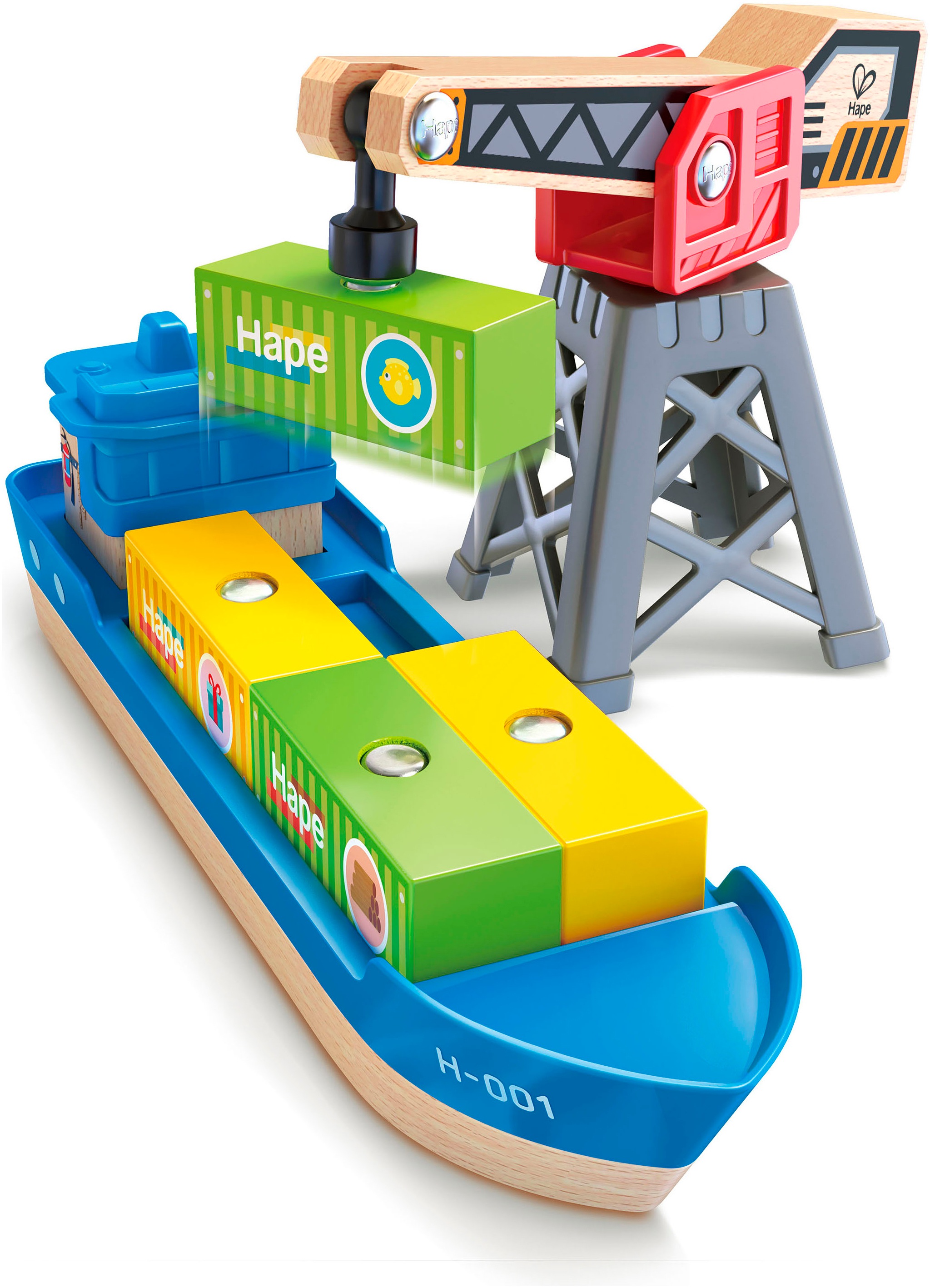 Hape Spielzeug-Schiff »Frachtschiff und Hafenkran«