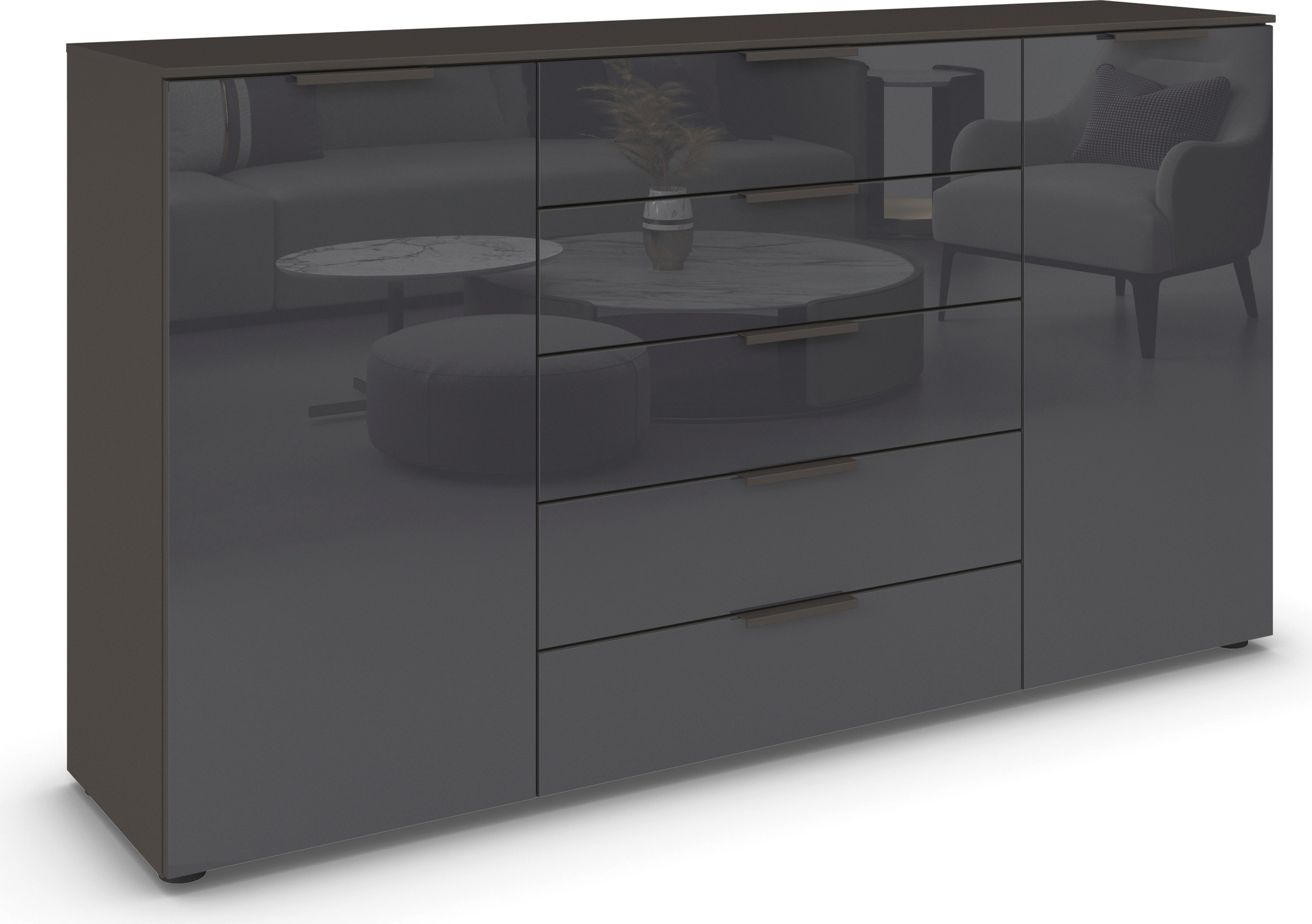 rauch Schubkastenkommode "Kommode Türkommode Sideboard Kombikommode FLIPP mit Glasfront" Breite 160/180 cm mit 4 Einlegeböden, 2-trg mit 5 Schubladen und Soft-Close, 2 Breiten MADE IN GERMANY