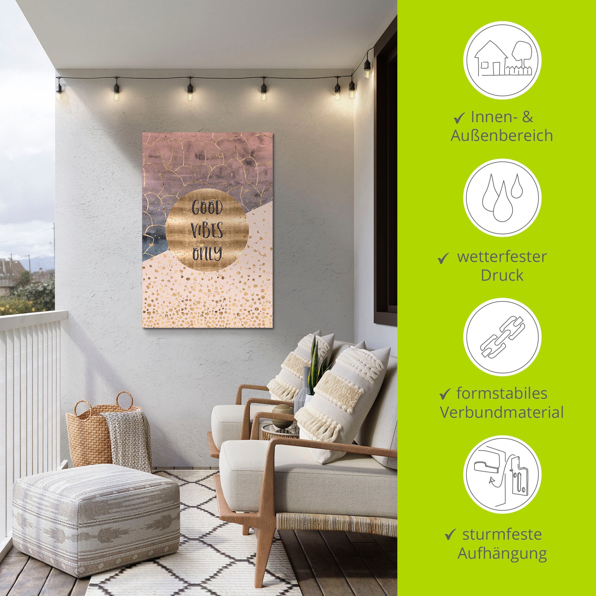 Artland Alu-Dibond-Druck »Nur gute Schwingungen« Sprüche & Texte 1 Stk. tlg. für Innen- und Außenbereich geeignet, Outdoorbild