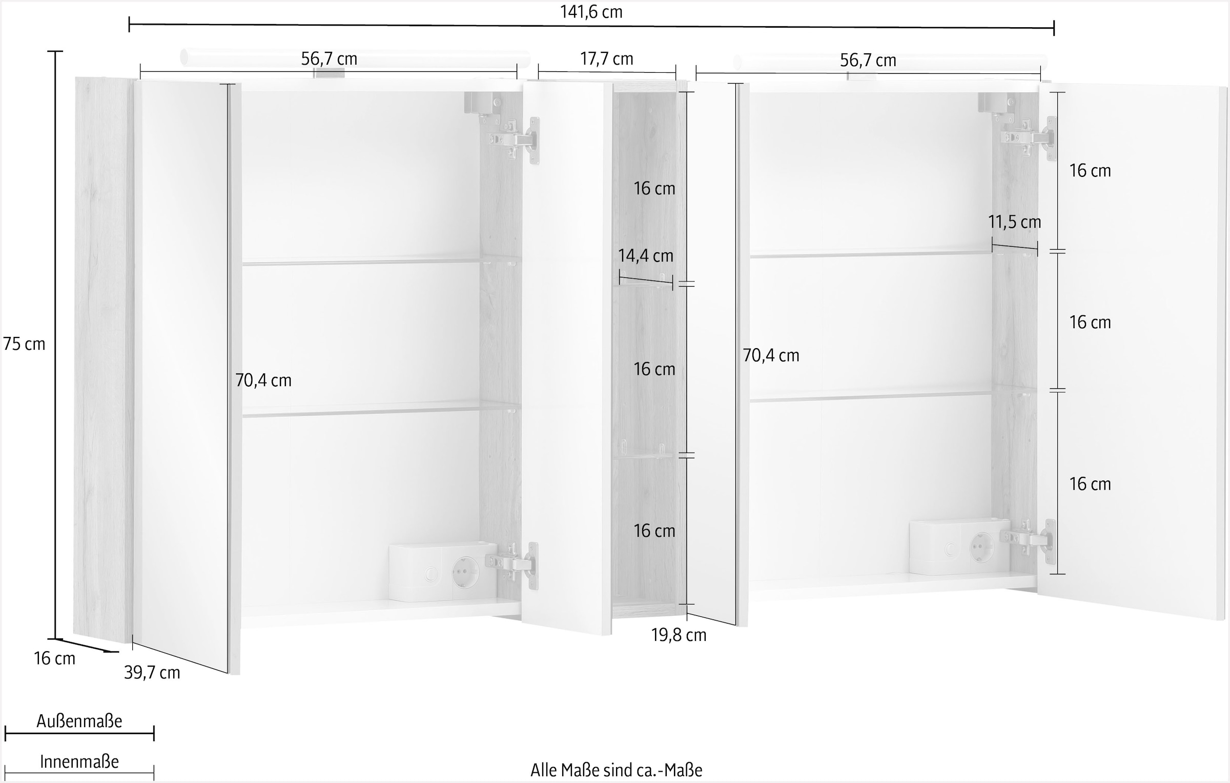 Schildmeyer mit Schalter-/Steckdosenbox XXL Beleuchtung, 141,6 4-türig, Spiegelschrank kaufen | Garantie cm, LED- 2x 3 »Duo«, Breite Jahren online