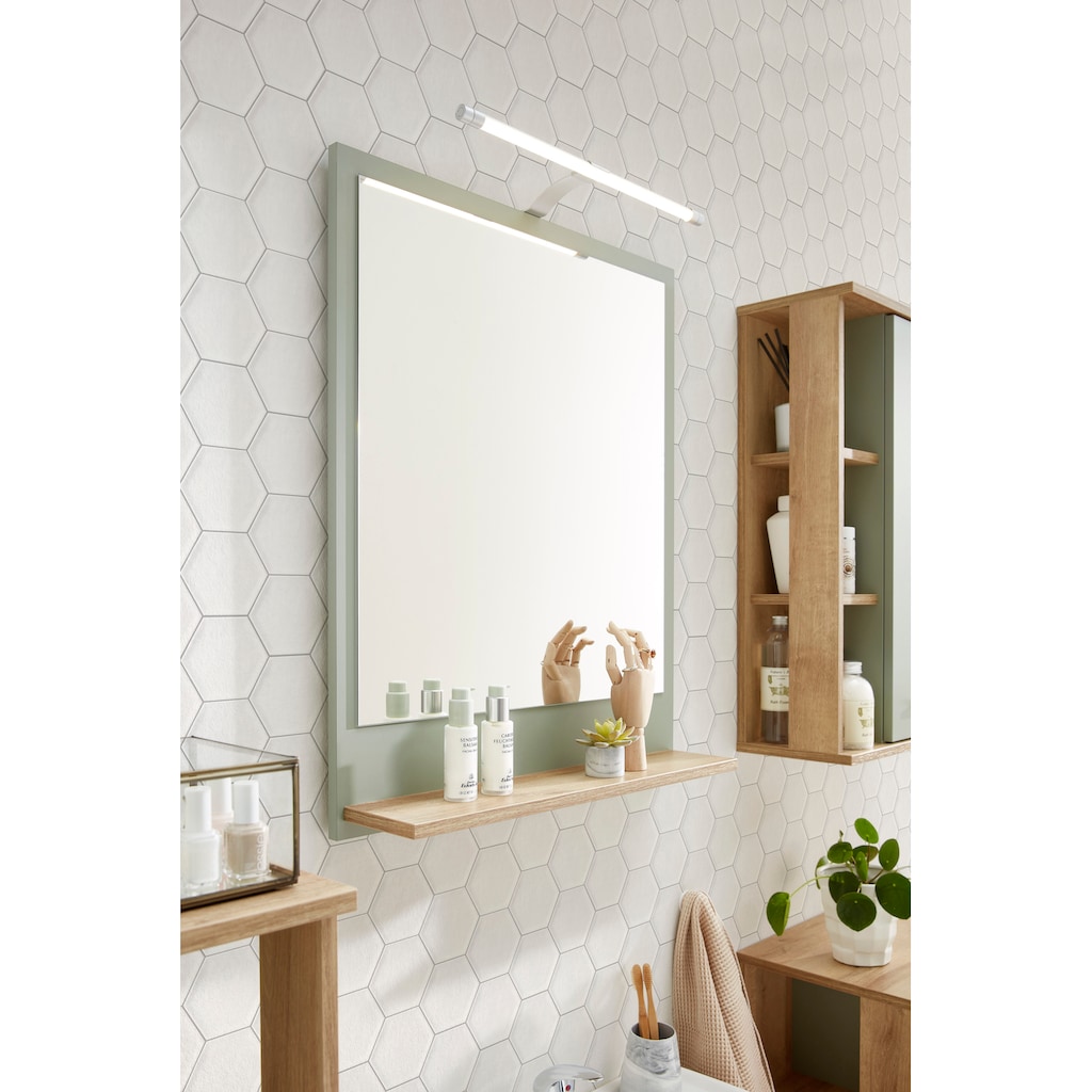 Saphir Badspiegel »Quickset 963 Spiegel mit Ablage, 60 cm breit, 74,5 cm hoch«, Flächenspiegel Salbei Nachbildung, Riviera Eiche quer Nachbildung
