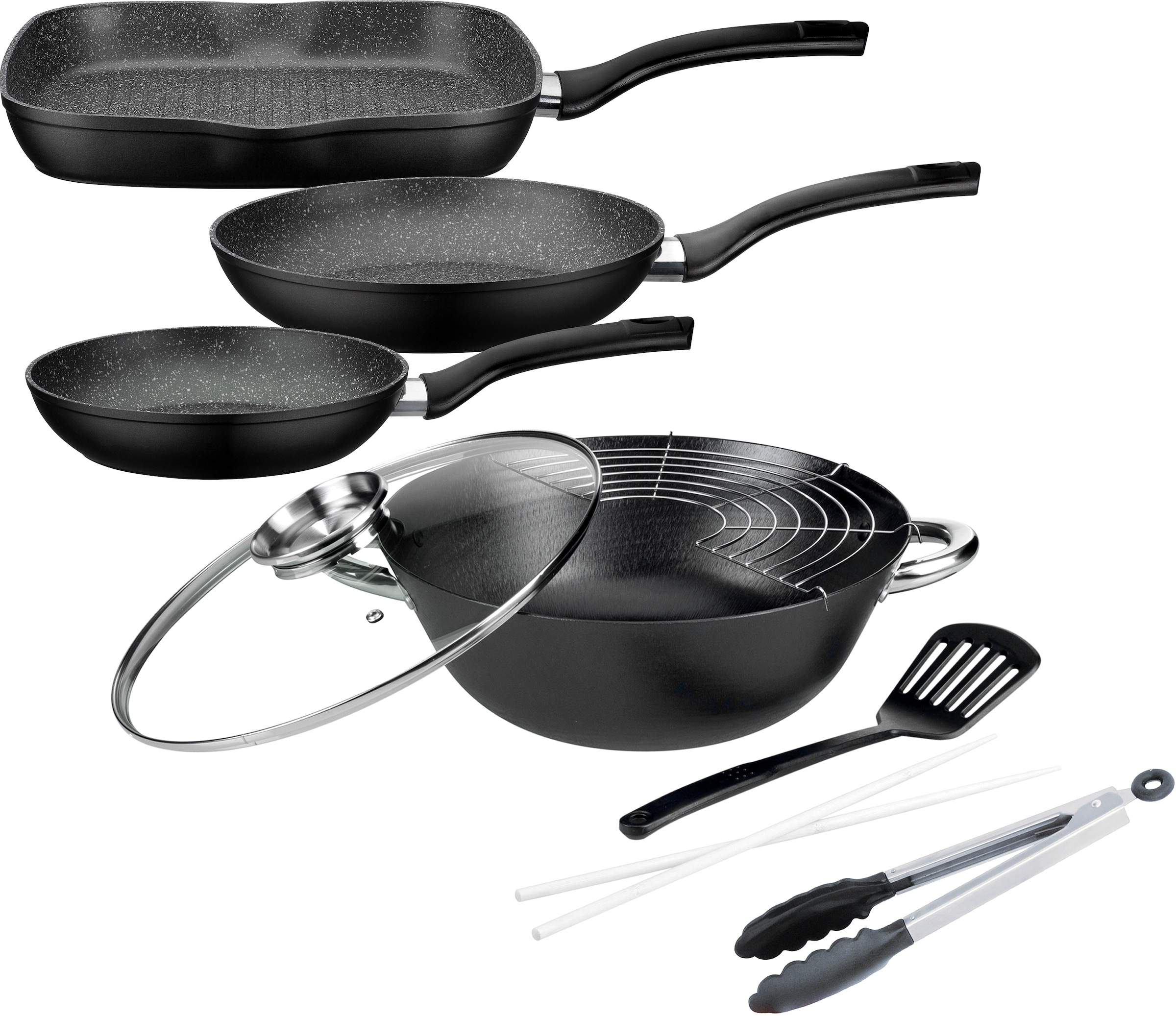 GSW Topf-Set "Gourmet Granit" Set, 1x Bratpfanne Ø 20/24 cm, 1x Grillpfanne 28 x 28 cm, 1x Wok Ø 32 cm, 6 Stk. tlg. Gusseisen
