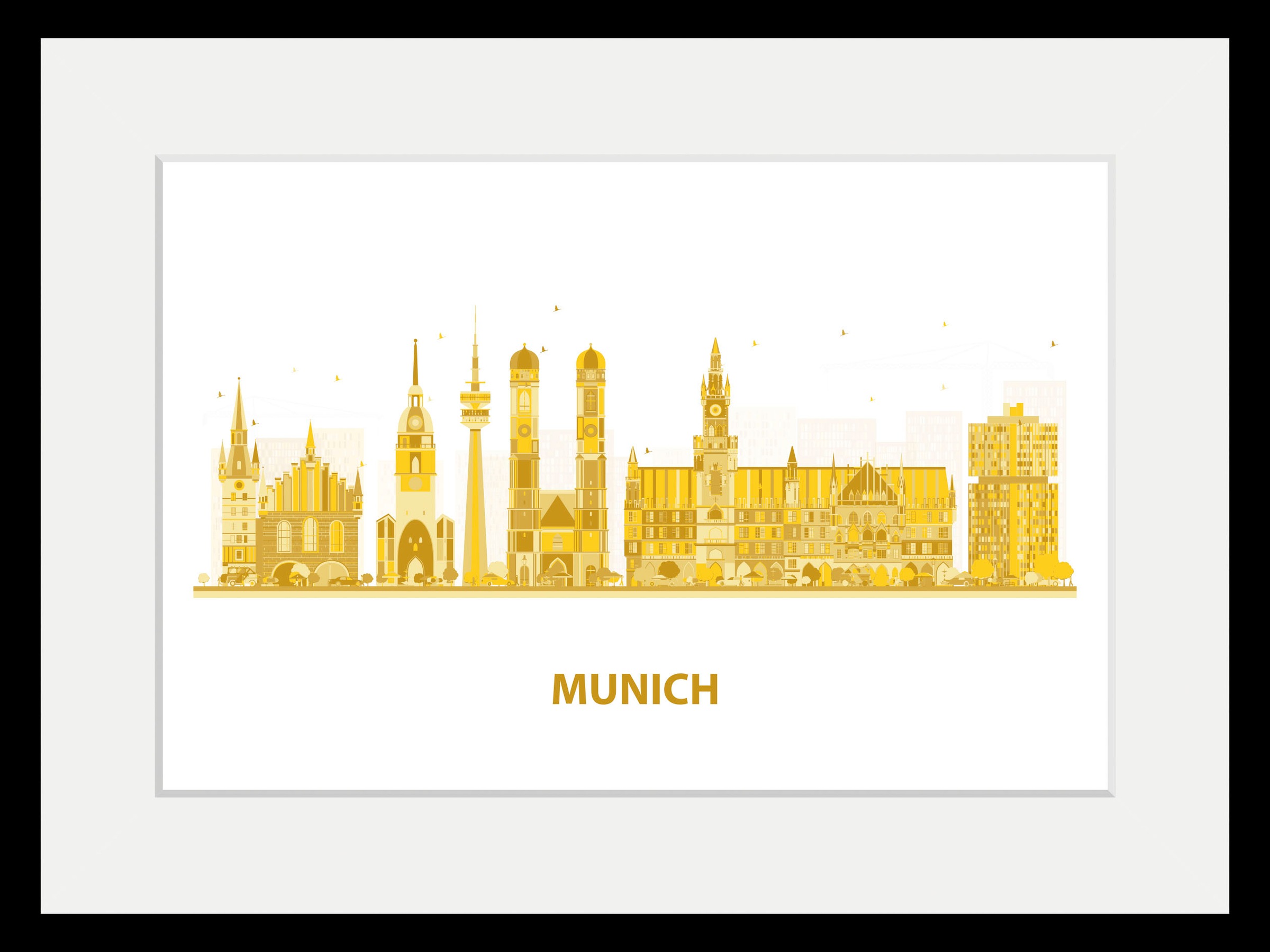 queence Bild »München«, Städte-Stadt-Deutschland-Gebäude-Schriftzug-Kirche-München, (1 St.), HD Premium Poster-Druck inkl. Holzrahmen