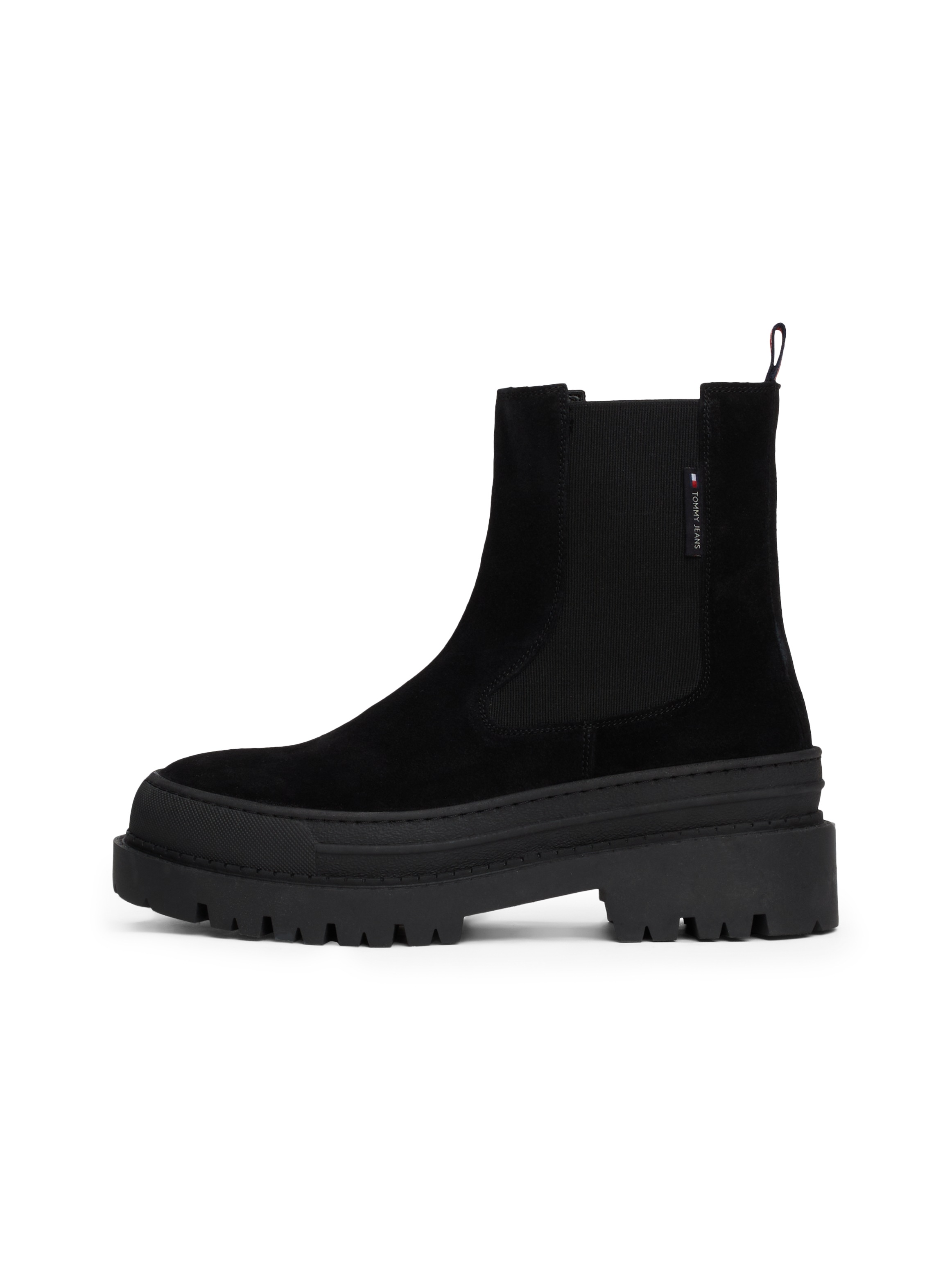 Tommy Jeans Chelseaboots »TJW FOXING CHELSEA SUEDE«, Blockabsatz, Schlupfboots, Stiefelette mit bunter Anziehlasche