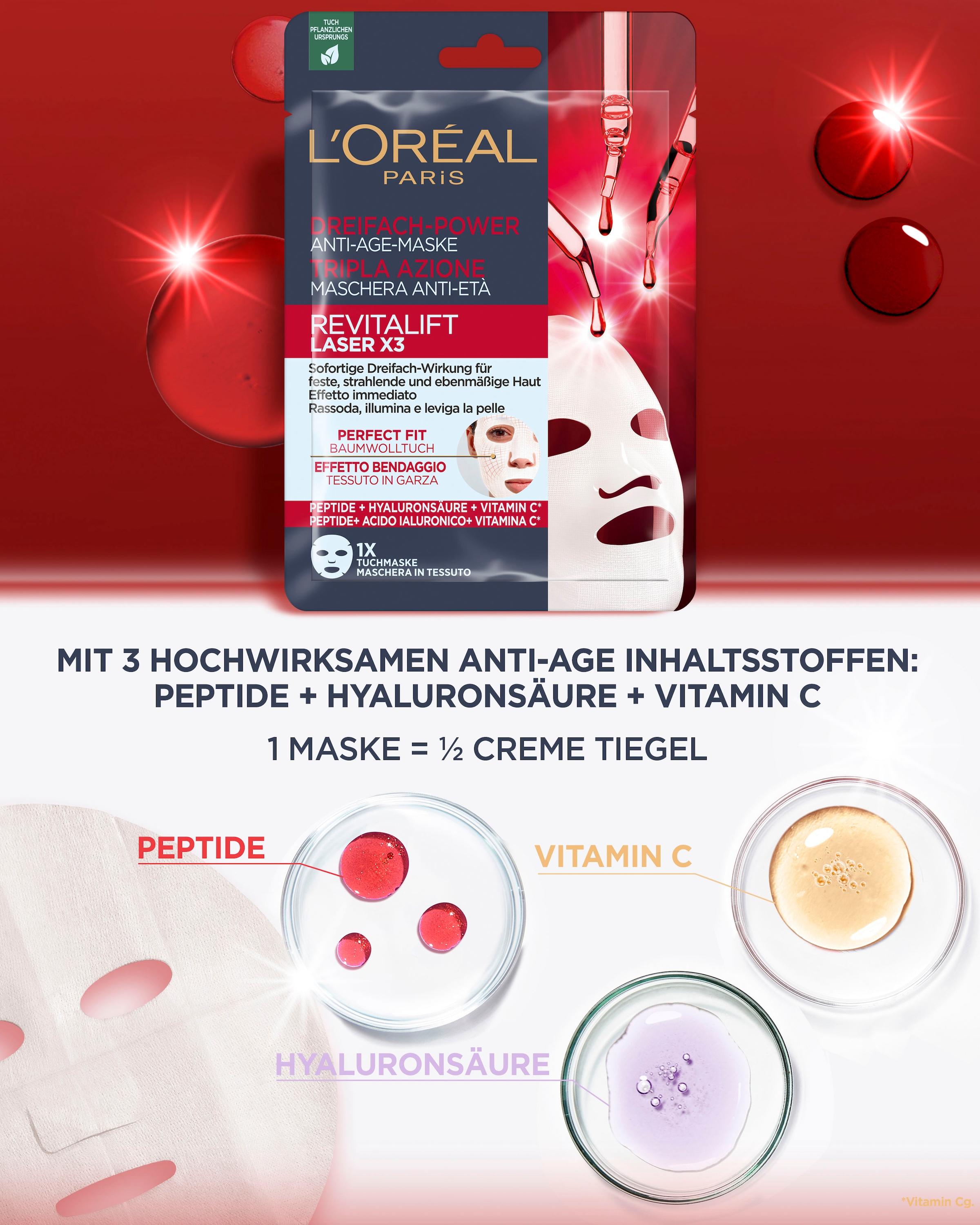 L'ORÉAL PARIS Gesichtsmaske »Set: 5x Revitalift Laser Tuchmasken«, mit hoher Wirksamkeit