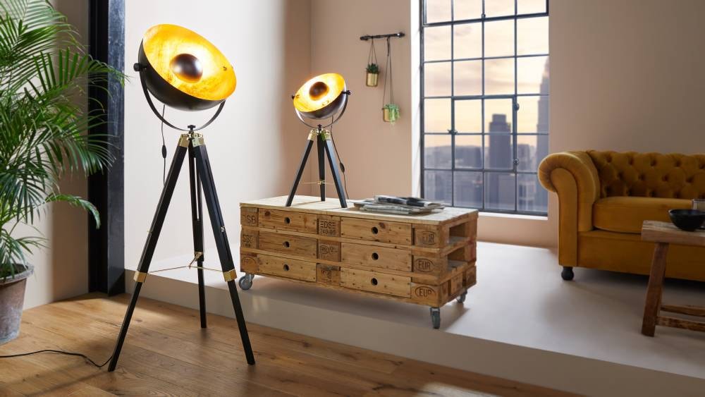EGLO Stehlampe »COVALEDA Stehlampe, Holz und Stahl, E27, IP20, Industrial, Lampe«, 1 flammig, Leuchtmittel E27 | ohne Leuchtmittel, Stehleuchte, H164 x Ø55 cm, schwarz, messing, gold, 1X60W exkl.