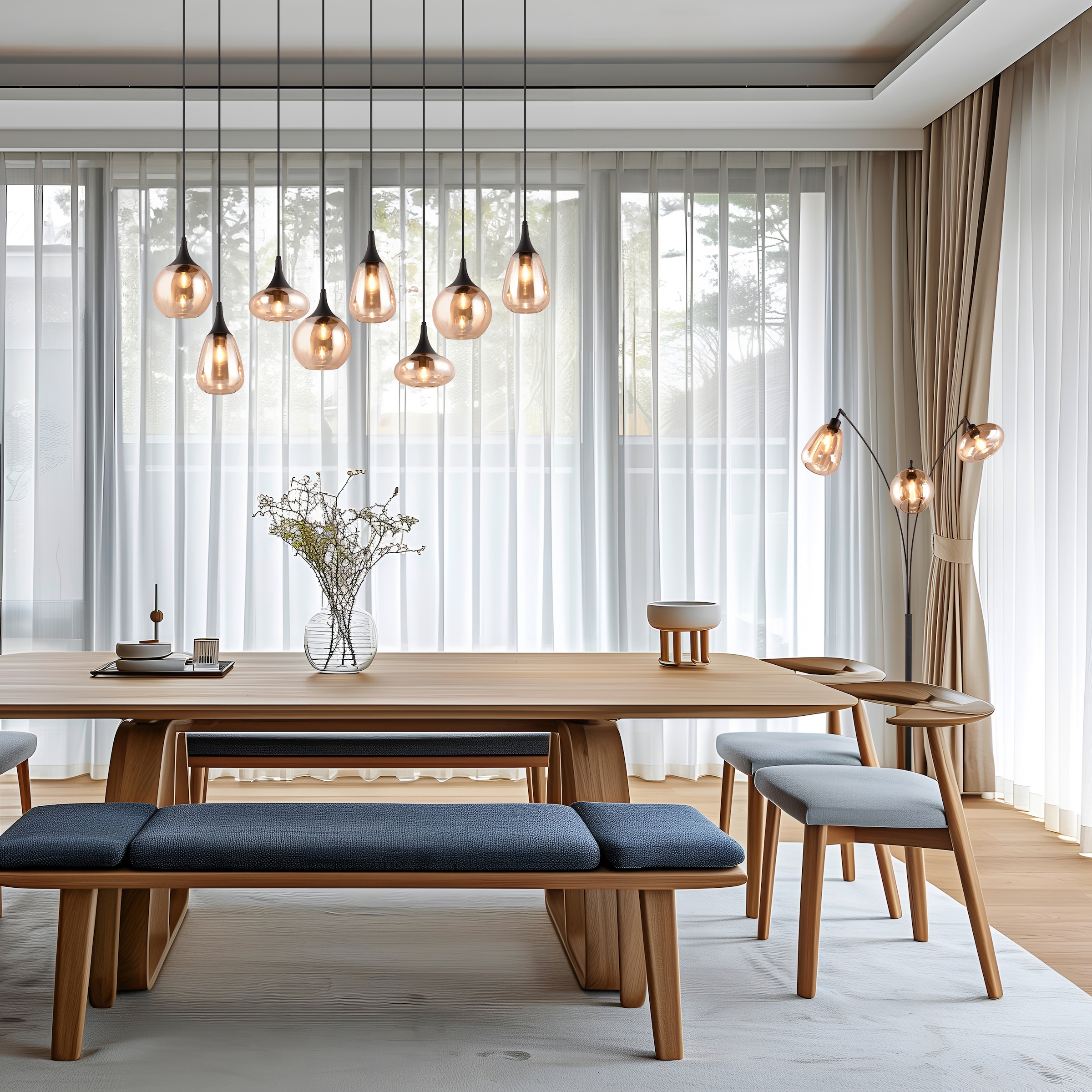 TRIO Leuchten Stehlampe »Lumina, gebogene Stehleuchte mit Glasschirmen exkl 3xE14 max 10W« E14 1 Stk. warmweiß - kaltweiß amberfarbige Gläser in 3 Formen, Fußschalter, Bogenleuchte Höhe 200 cm