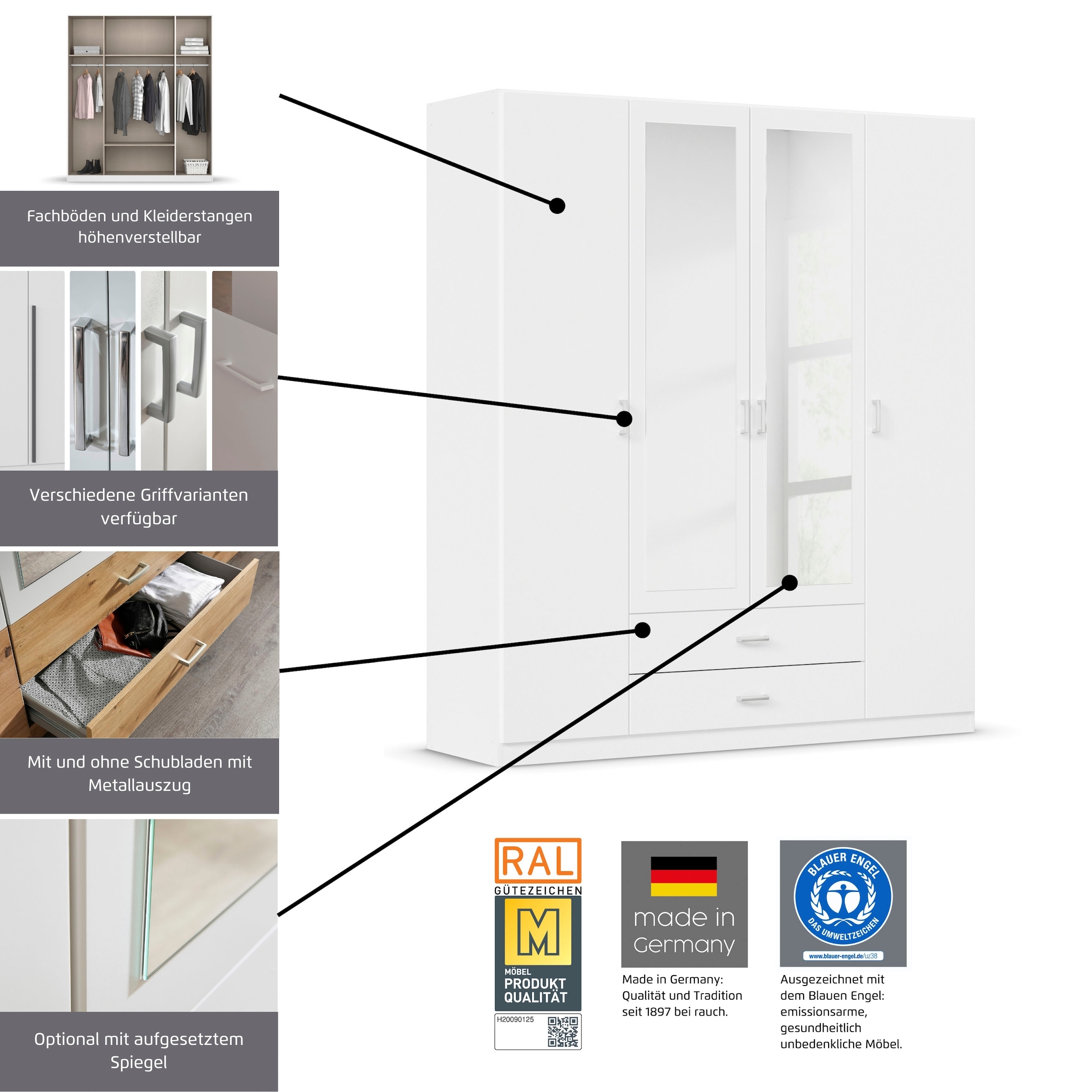rauch Drehtürenschrank »Kleiderschrank Garderobe GAMMA Breiten 91/136/181/226/271/315/360 cm« in 3 Ausstattungen BASIC/CLASSIC/PREMIUM (inkl. SOFT-CLOSE-Funktion),  mit Schubladen, verschiedene Griff-Varianten TOPSELLER MADE IN GERMANY