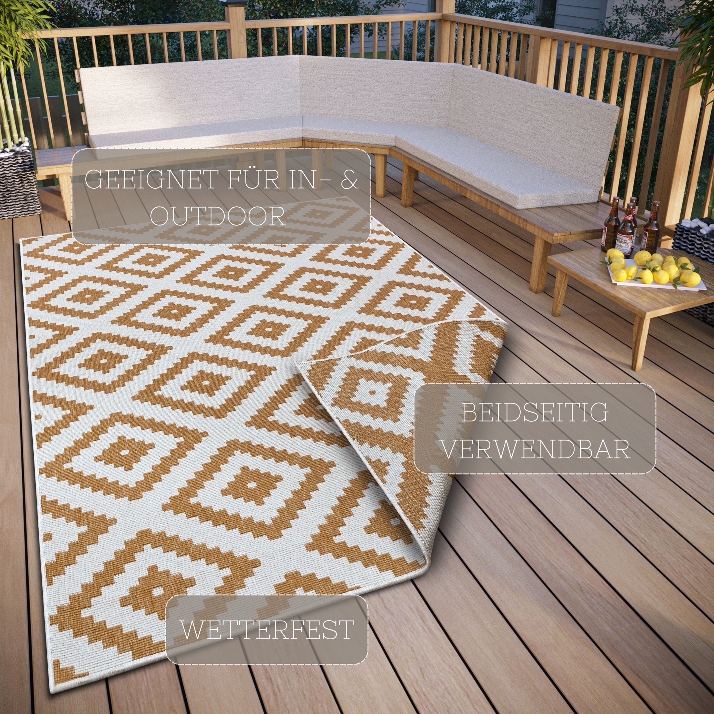 NORTHRUGS Teppich »Malta Wendeteppich«, rechteckig, 5 mm Höhe, In-& Outdoor, Wetterfest, Balkon, Terrasse, Raute, Läufer, Wohnzimmer