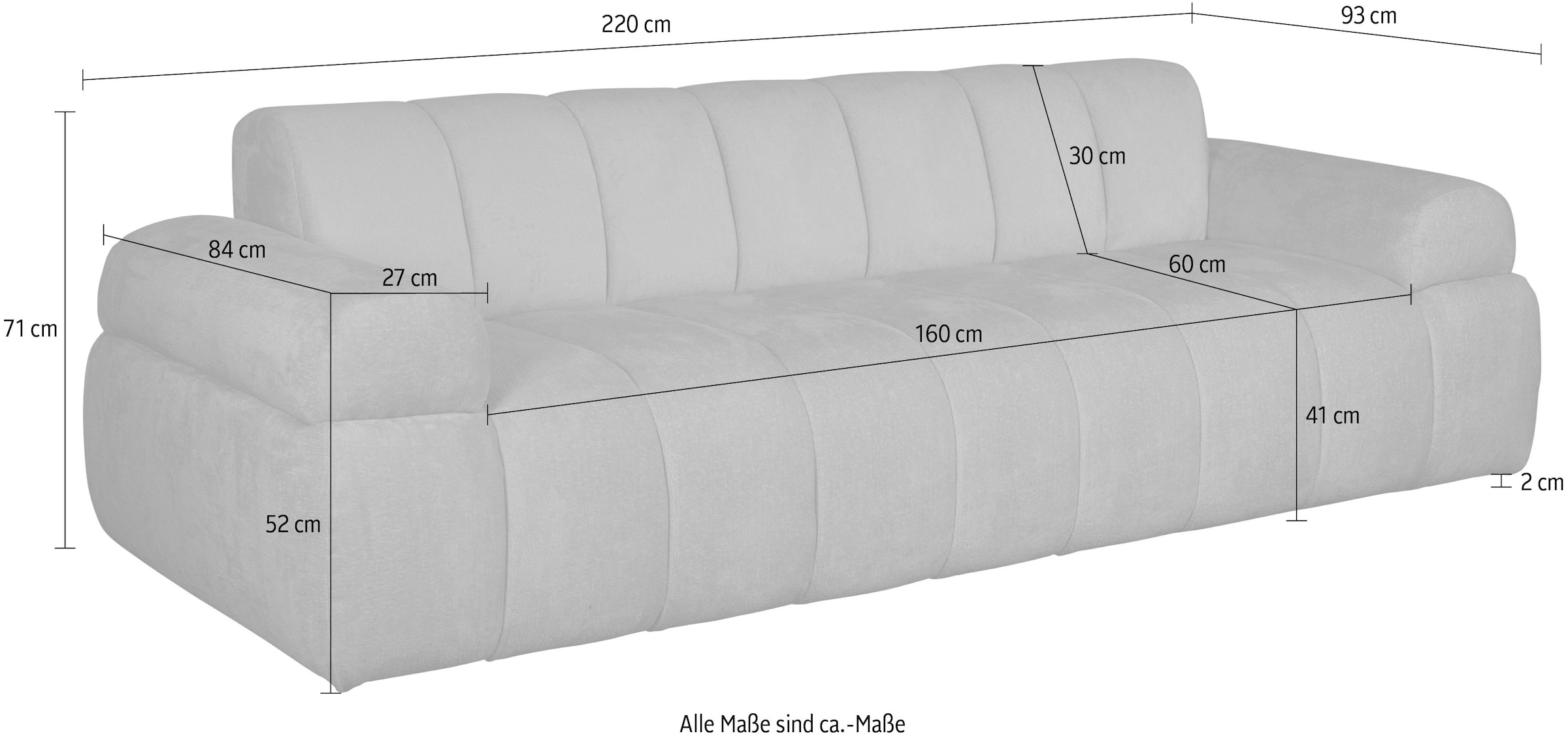 INOSIGN 3-Sitzer »LYOTH«, moderne Steppung, Armlehnen in Kissenoptik, B/T/H: 220/93/71 vm