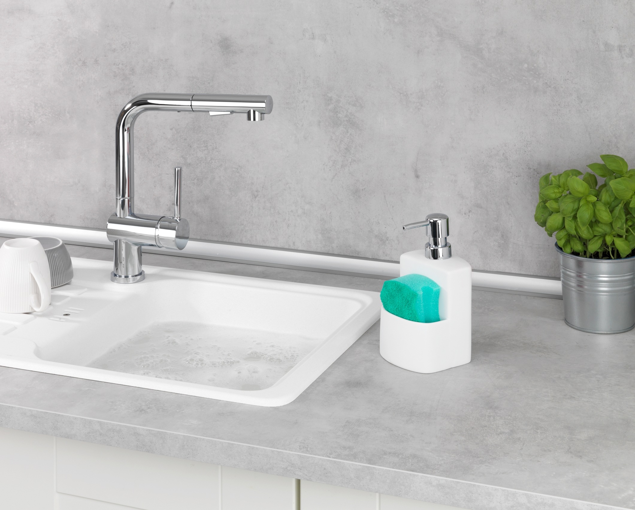 WENKO Spülmittelspender »Modell Festival«, aus Keramik, Soft-Touch Beschichtung, mit Spülschwamm-Fach, 380 ml