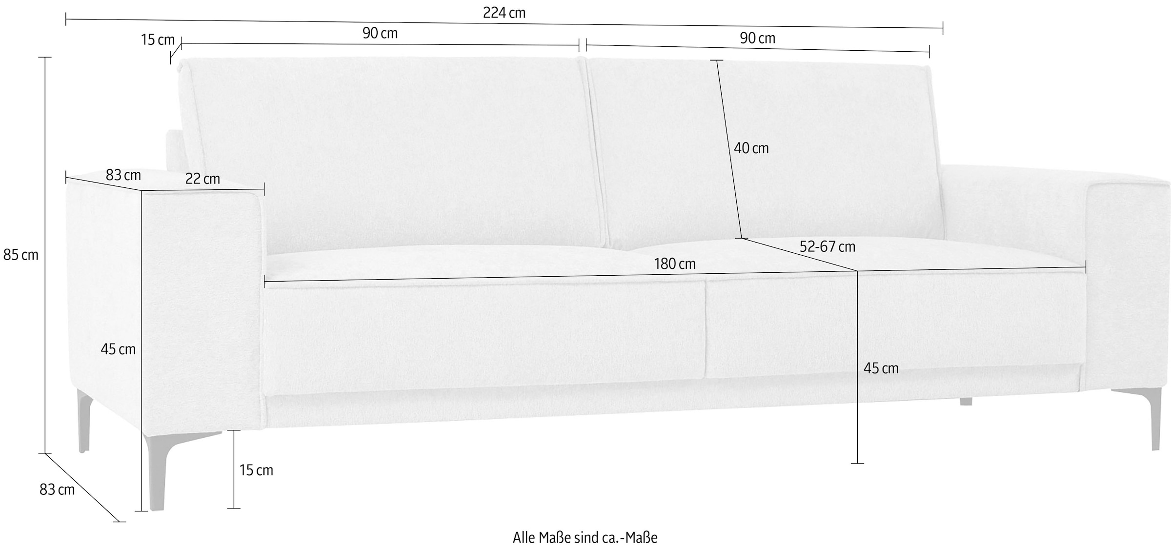 Places of Style 3-Sitzer »3er Sofa Oland, Struktur, Flachgewebe, Luxus-Microfaser, Boucle«, 224 cm, Wellenunterfederung, Skandi-Design, Metallfüße