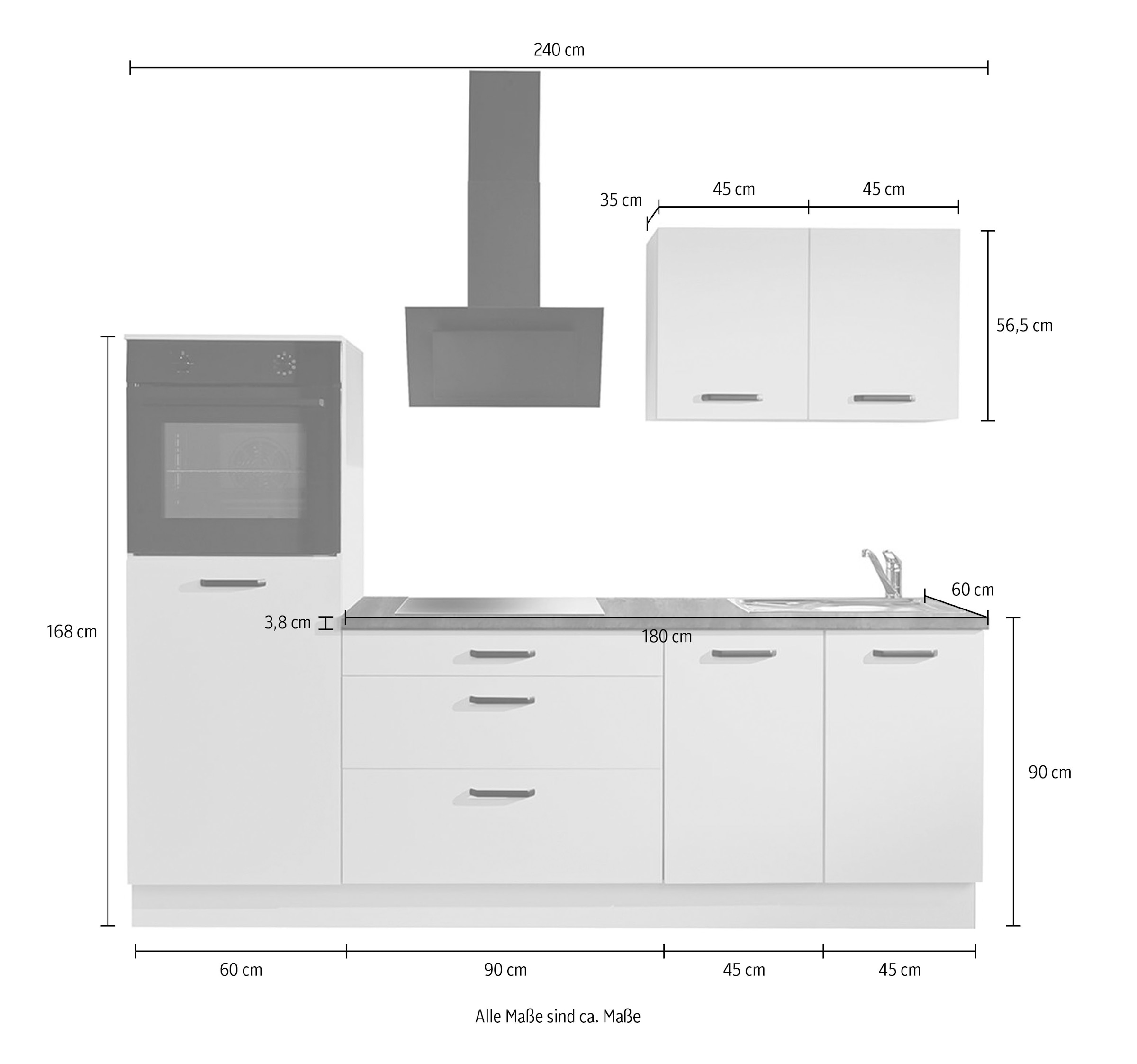 wiho Küchen Küchenzeile »Compact: Kleines Format, große Ausstattung, optional mit E-Geräten« Variante ohne Kühlschrank, Breite 240 cm