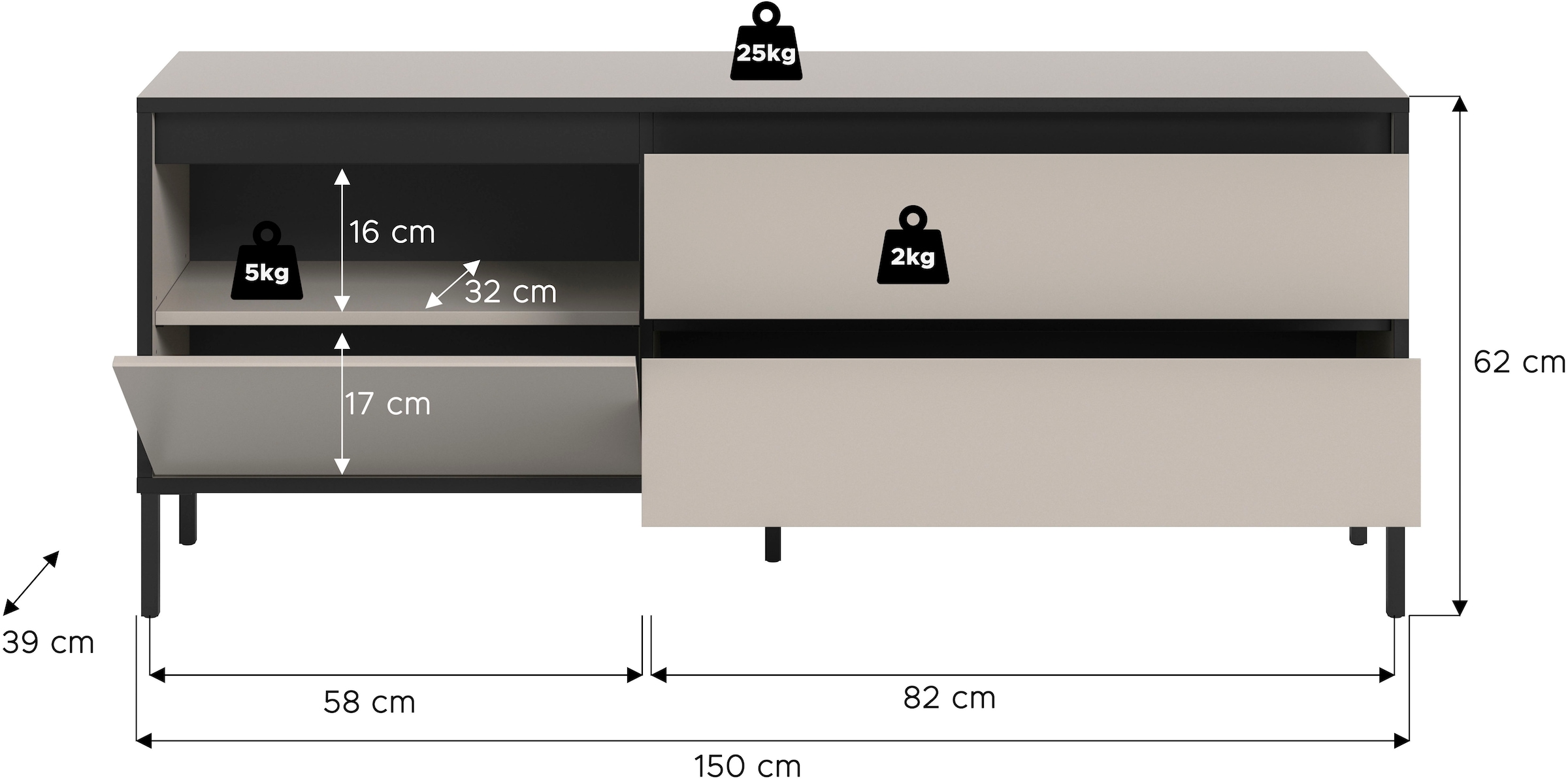 INOSIGN Lowboard »NORT, Breite: 150cm, mit Metall Stabfuß, 1 Klappe, 2 Schubkästen« TV-Lowboard, Mediaschrank, Mediaboard, TV-Schrank, Schrank, Board