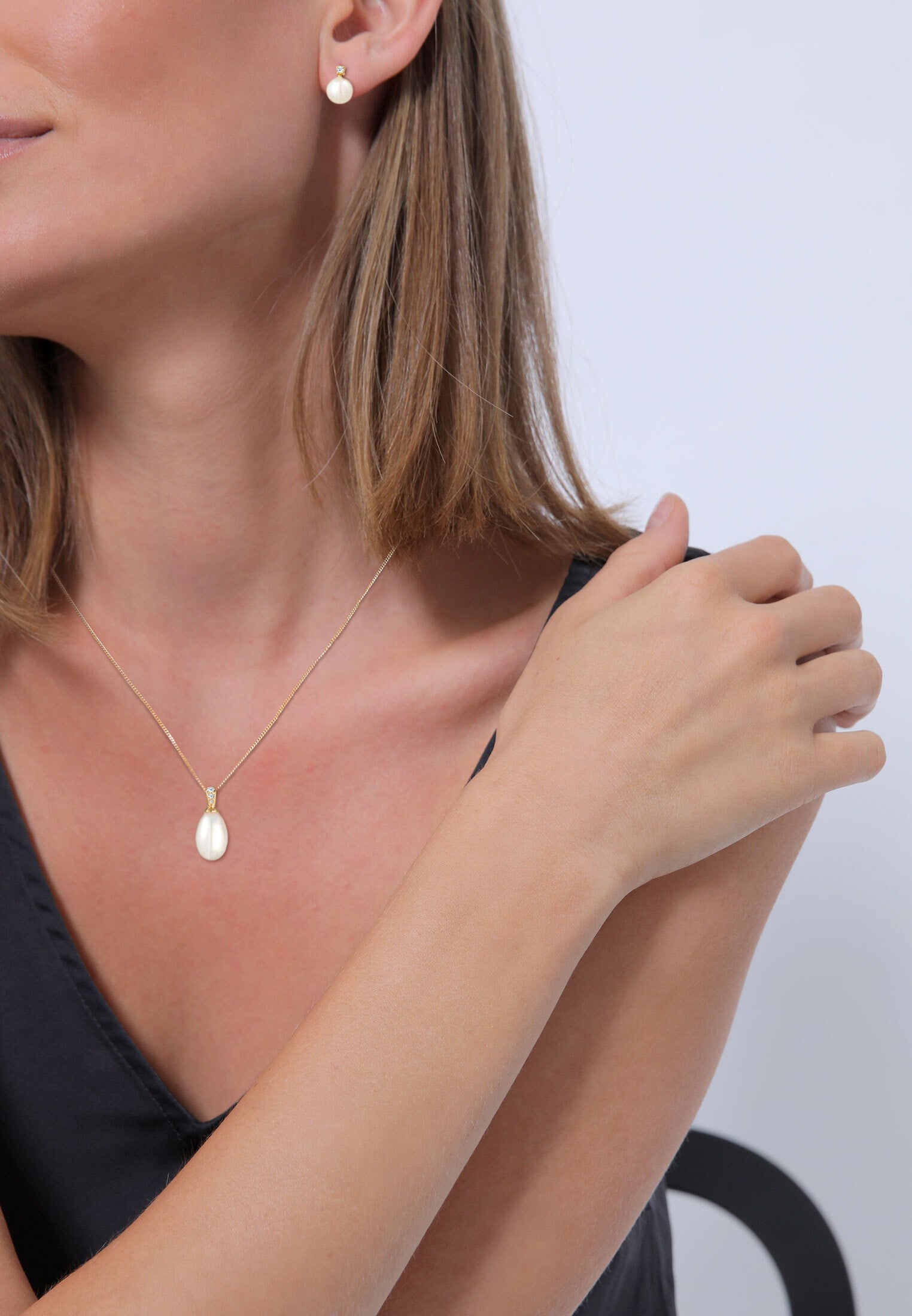 Elli DIAMONDS Ohrring und Ketten Set »Schmuckset Set mit Perlen Diamant Weiß Brillantschliff (0.11ct) 585 Gelbgold«