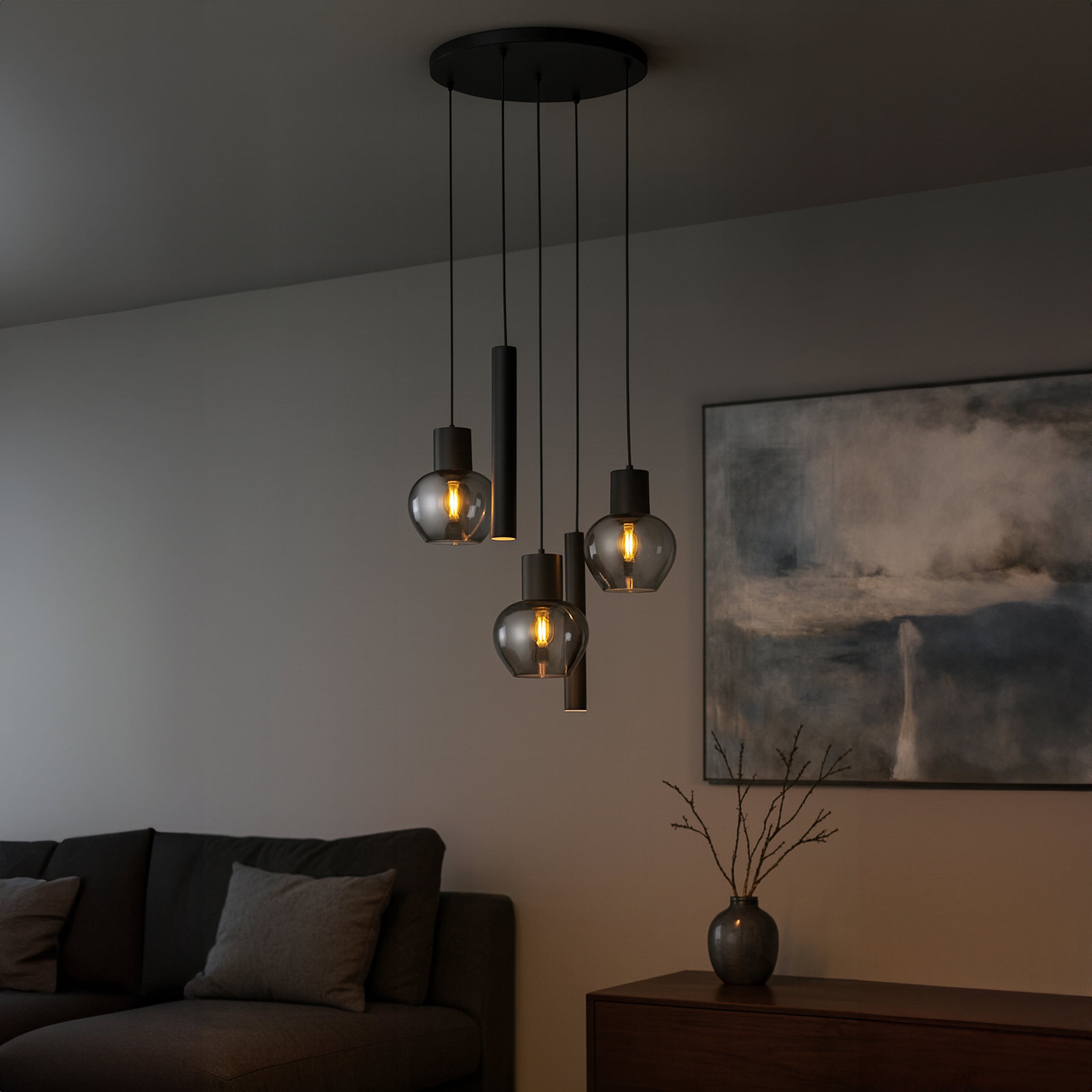Brilliant Pendelleuchte »Ligari« E27 1 Stk. Höhe 150 cm, Fassung E27, teilw. GU 10, Aluminium Rauchglas, schwarz
