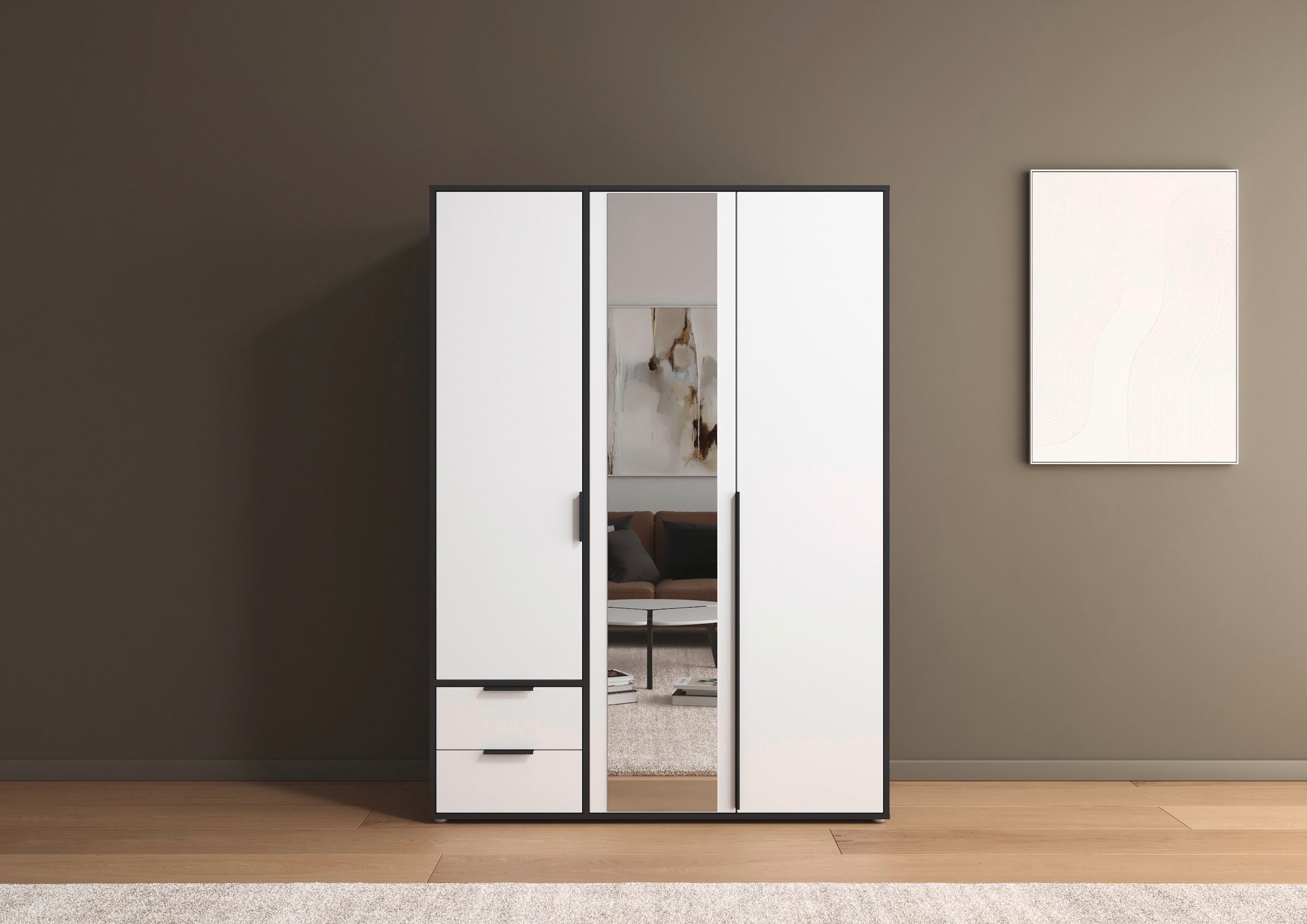rauch Drehtürenschrank »Kleiderschrank Schrank Garderobe Wäscheschrank NAGATA mit Spiegel« in 3 verschiedenen Ausstattungen BASIC/CLASSIC/PREMIUM,  und Schubladen sowie Stangengriffen TOPSELLER MADE IN GERMANY
