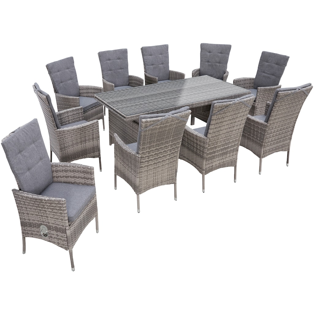 KONIFERA Garten-Essgruppe »Belluno«, (Set, 21 tlg., 10x Sessel, 1x AZ-Tisch 179-300x73/89cm, inkl. Auflagen, Polyrattan)