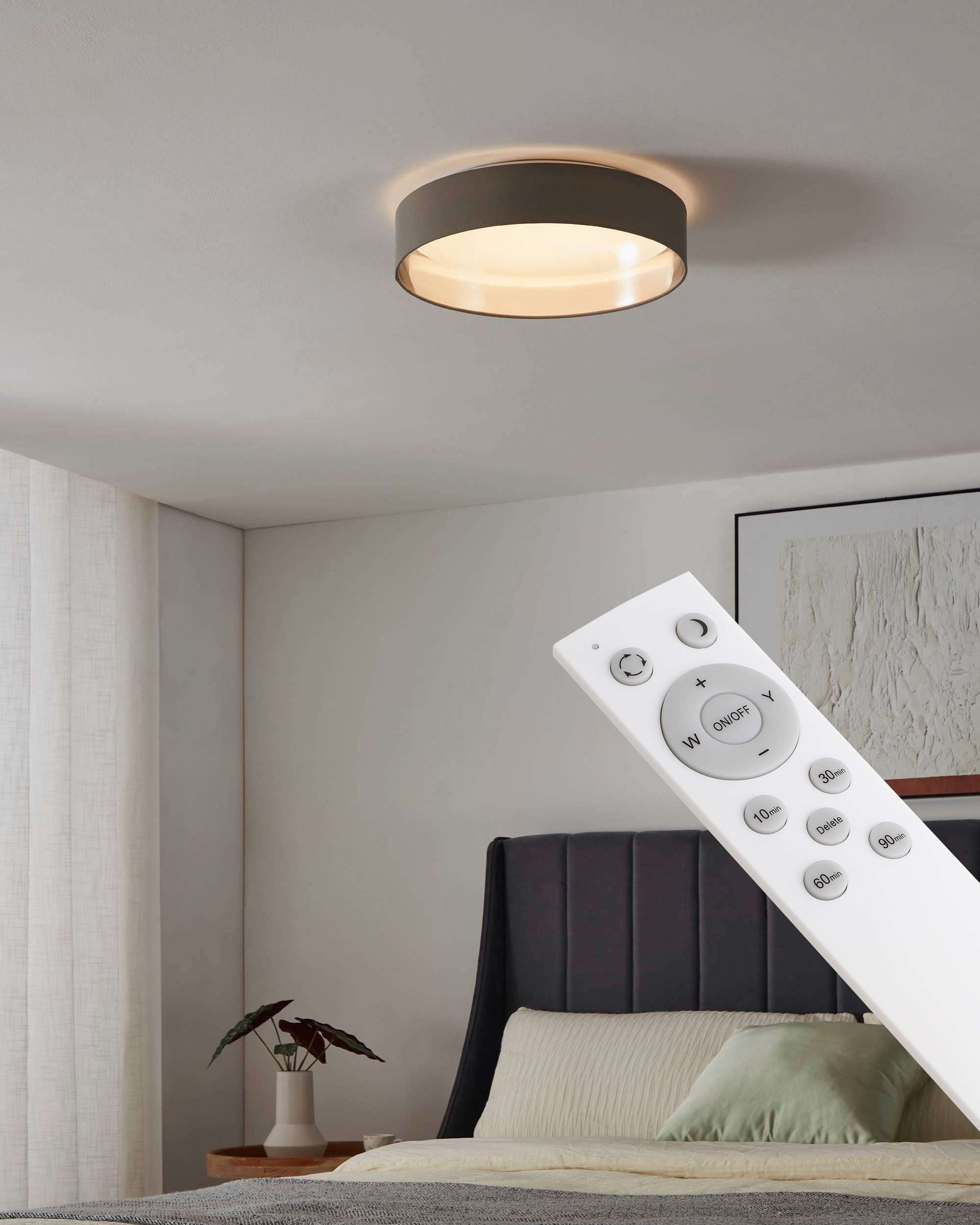 OTTO home LED Deckenleuchte »Merryn« LED-Modul 1 Stk. Neutralweiß | Warmweiß Deckenlampe Ø38 x H9 cm mit Textil-/Stoffschirm, CCT, Fernbedienung