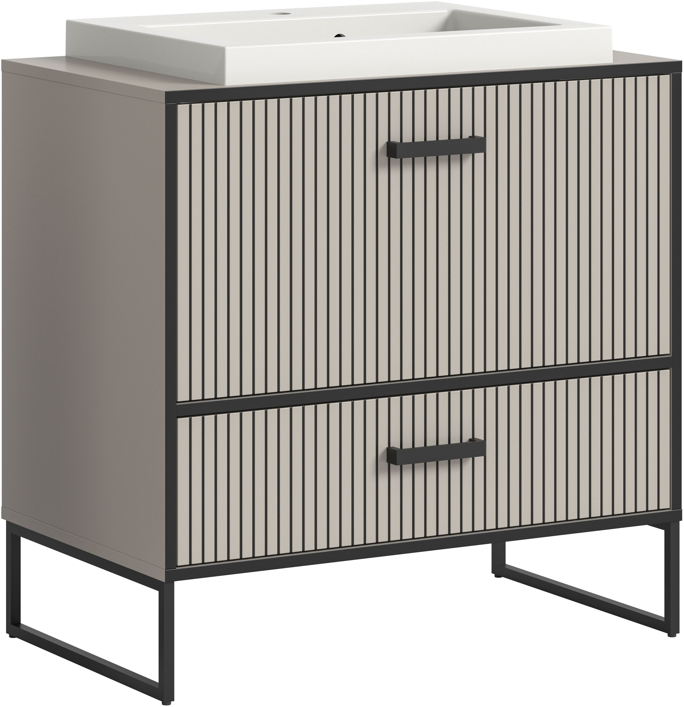 welltime Waschbeckenunterschrank "Locri, Höhe 84 cm, Rillenoptik, Metallkufen" 2 Stk. tlg. Aufsatzwaschbecken, modernes Design, Unterschrank, Badschrank, Bad