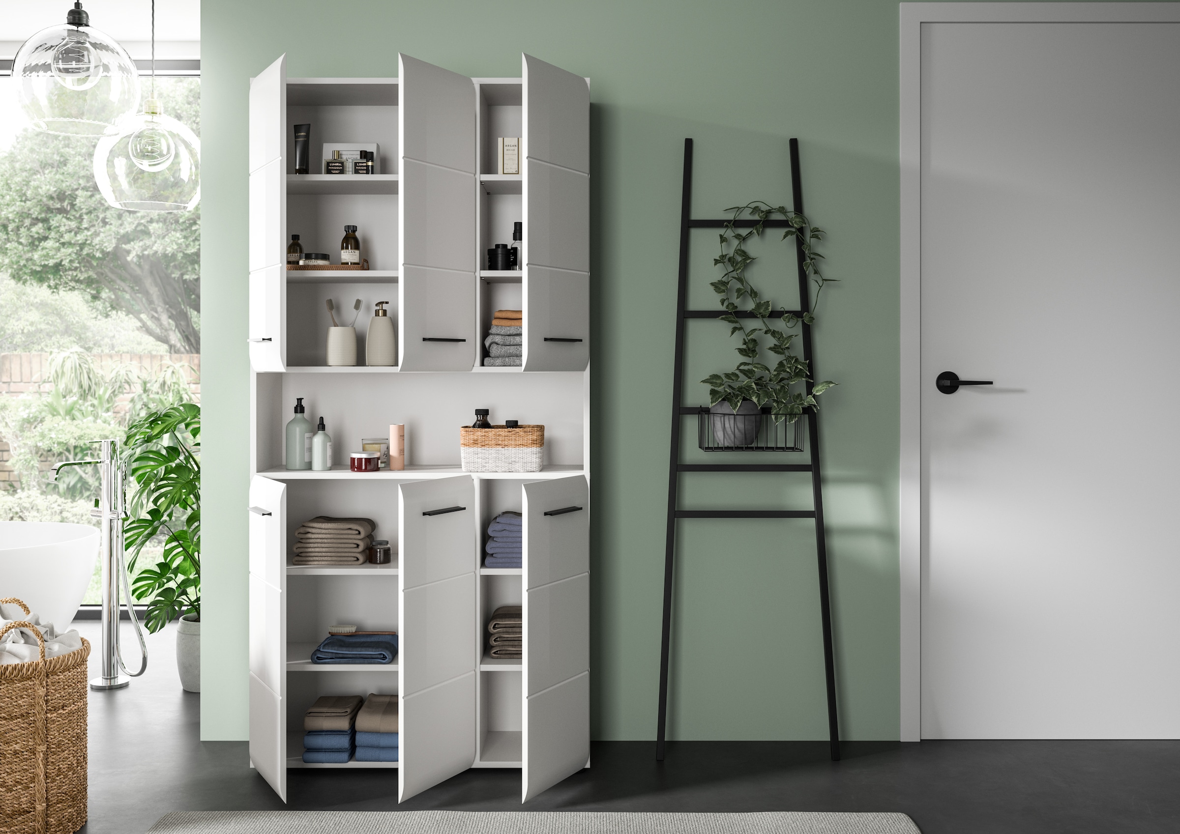 welltime Stauraumschrank 1 Stk. tlg. Florenz, Mehrzweckschrank, Weiß Hochglanz Tiefzieh, 13 Fächer