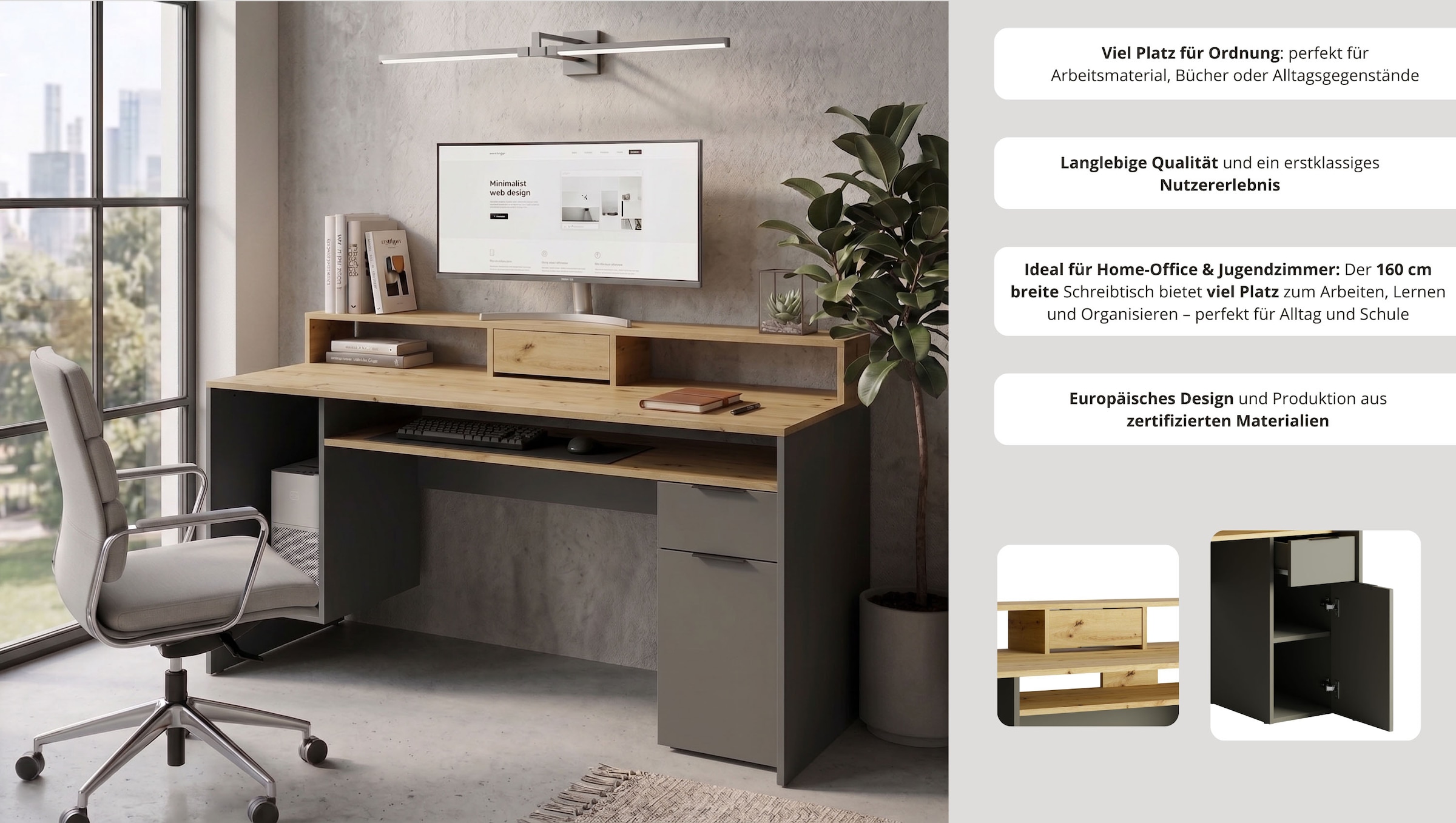 OTTO home Schreibtisch »Peoria Computertisch mit Monitoraufsatz & Towerfach, viel Stauraum« Büroschreibtisch, Gamingtisch mit Schublade, modern, Breite 160 cm