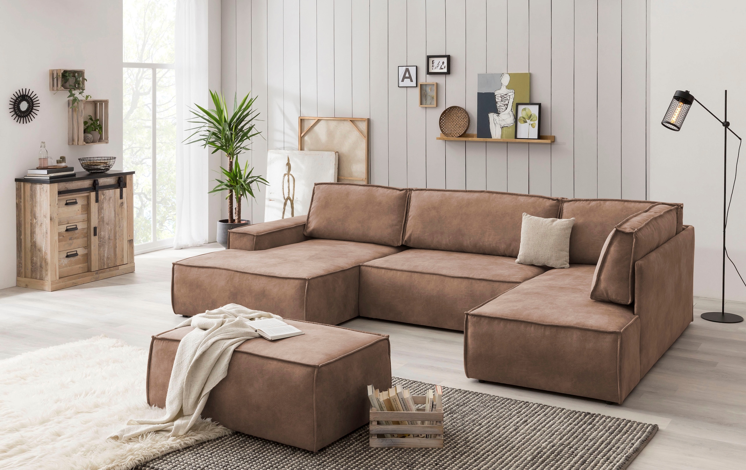 Home affaire Wohnlandschaft »SHERWOOD 329 cm, U-Form, Schlafsofa,«, Schlaffunktion m. Bettkasten (194x139 cm), Cord, Vintage, Samtvelours