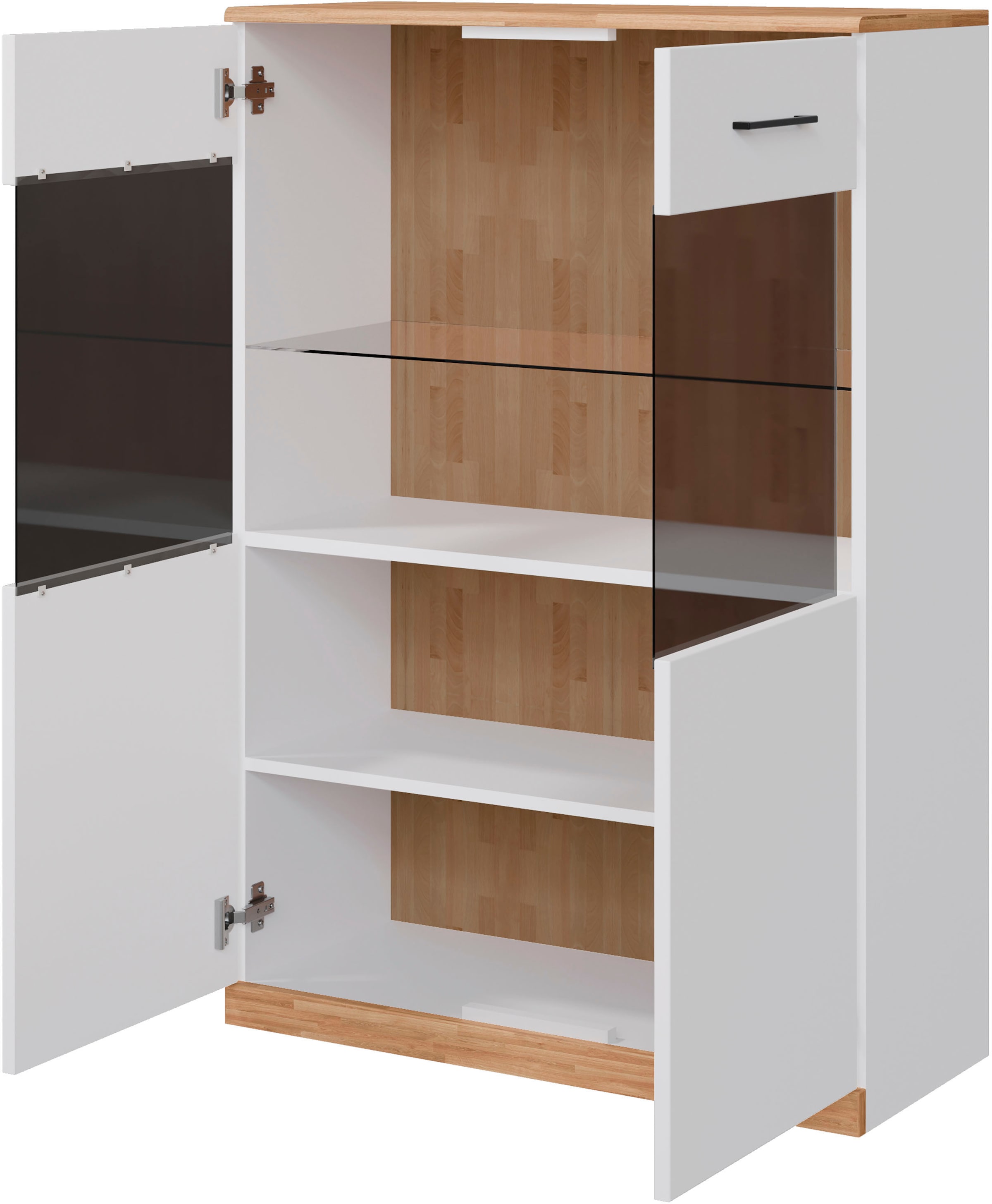 Home affaire Highboard »Ribe,120cm breit,112cm hoch,Oberplatte massiv,12 Fächer«, Oberplatte Massivholz,schwarze Metall Griffe,2 Türen mit Glaseinsatz