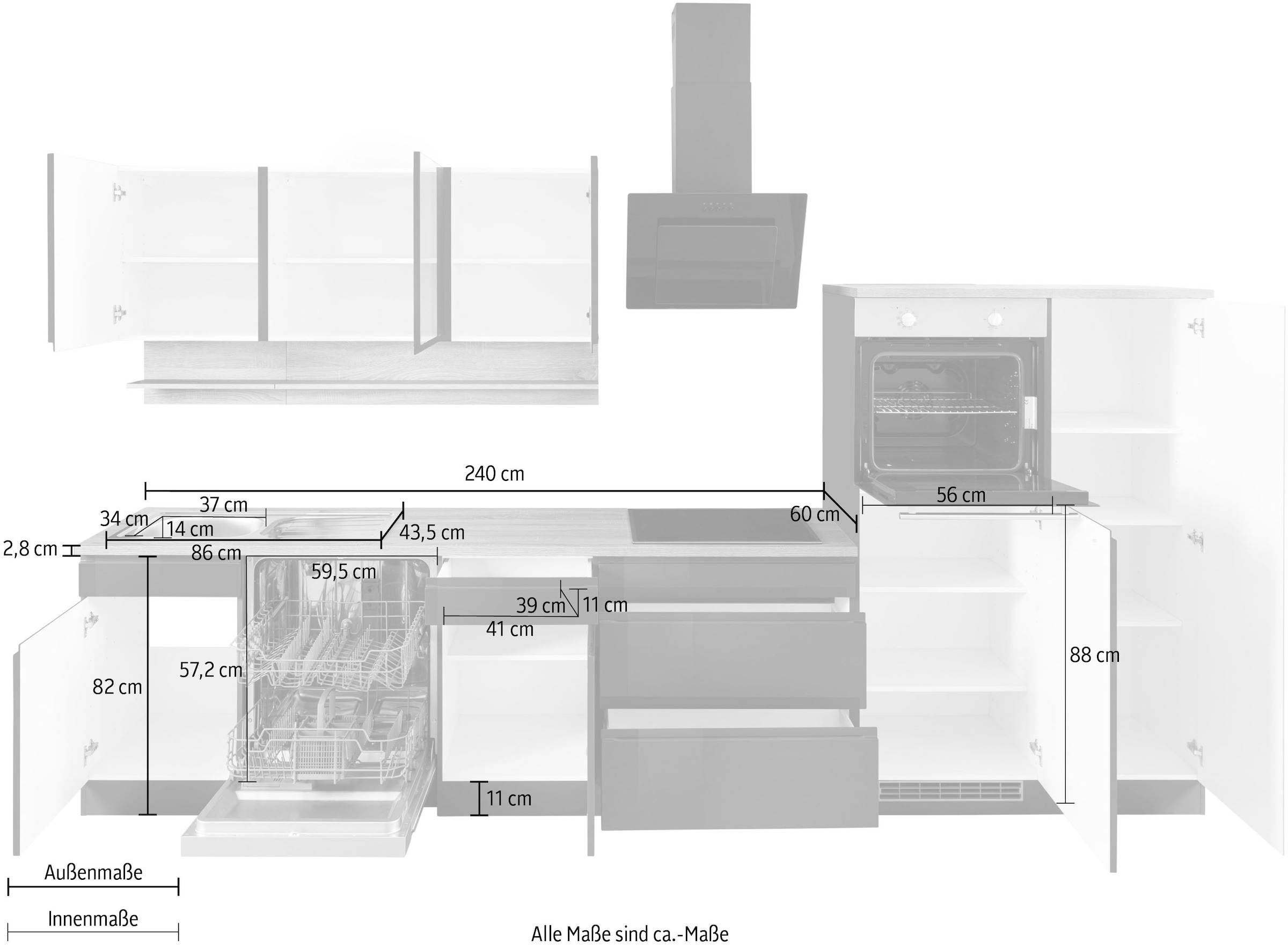 KOCHSTATION Küchenzeile »KS-Virginia«, Breite 350 cm, mit Glaskeramik-oder Induktionskochfeld