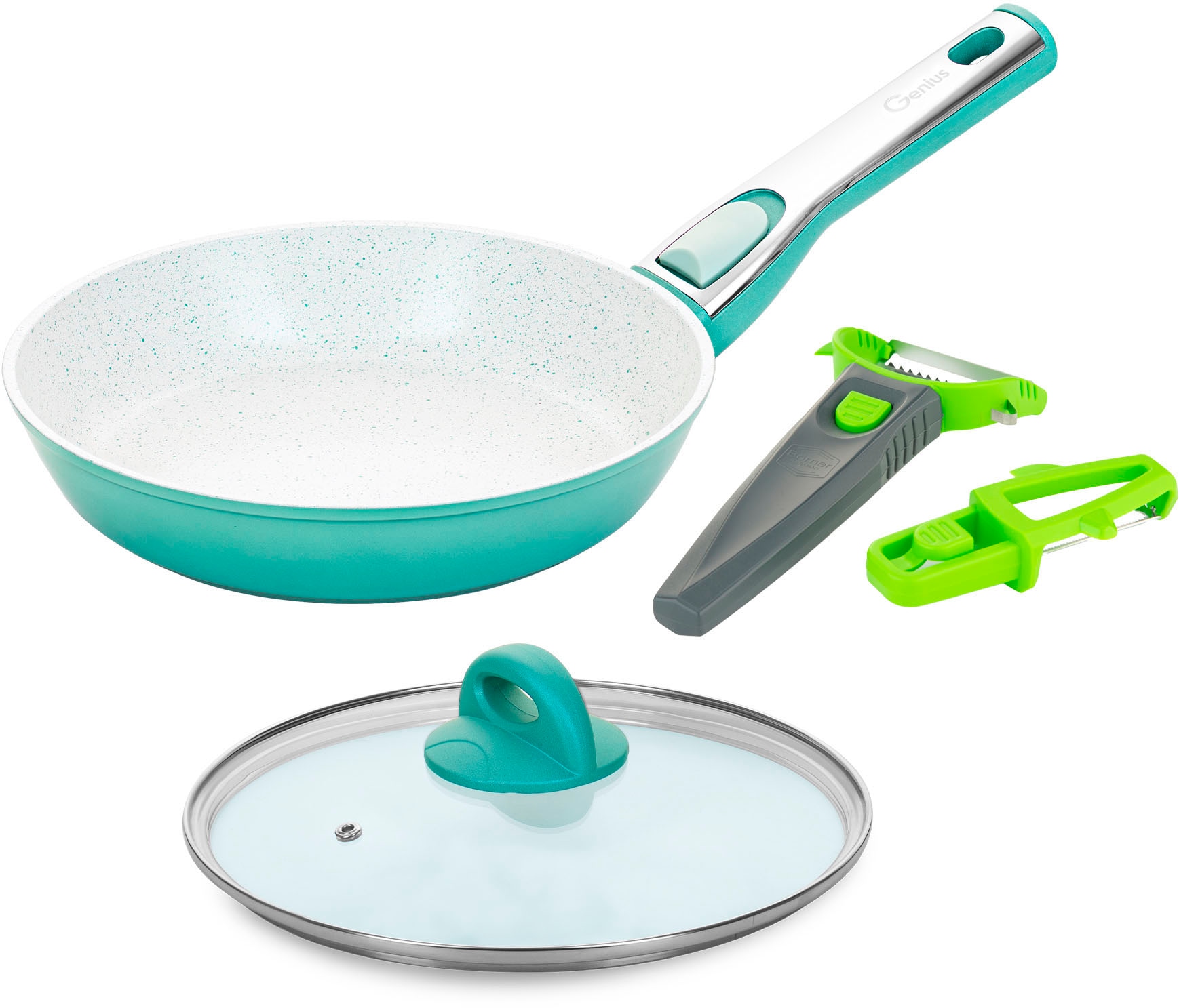 Genius Pfannen-Set »Cerafit Revolution Pfanne Ø 24 cm inkl. Börner Multi Peeler«, (Set, 5 tlg., Pfanne, Ø 24 cm, aquagrün, Börner Multi peeler 3er-Set, grün), Antihaft-Pfanne mit neuer und herausragender Keramikbeschichtung