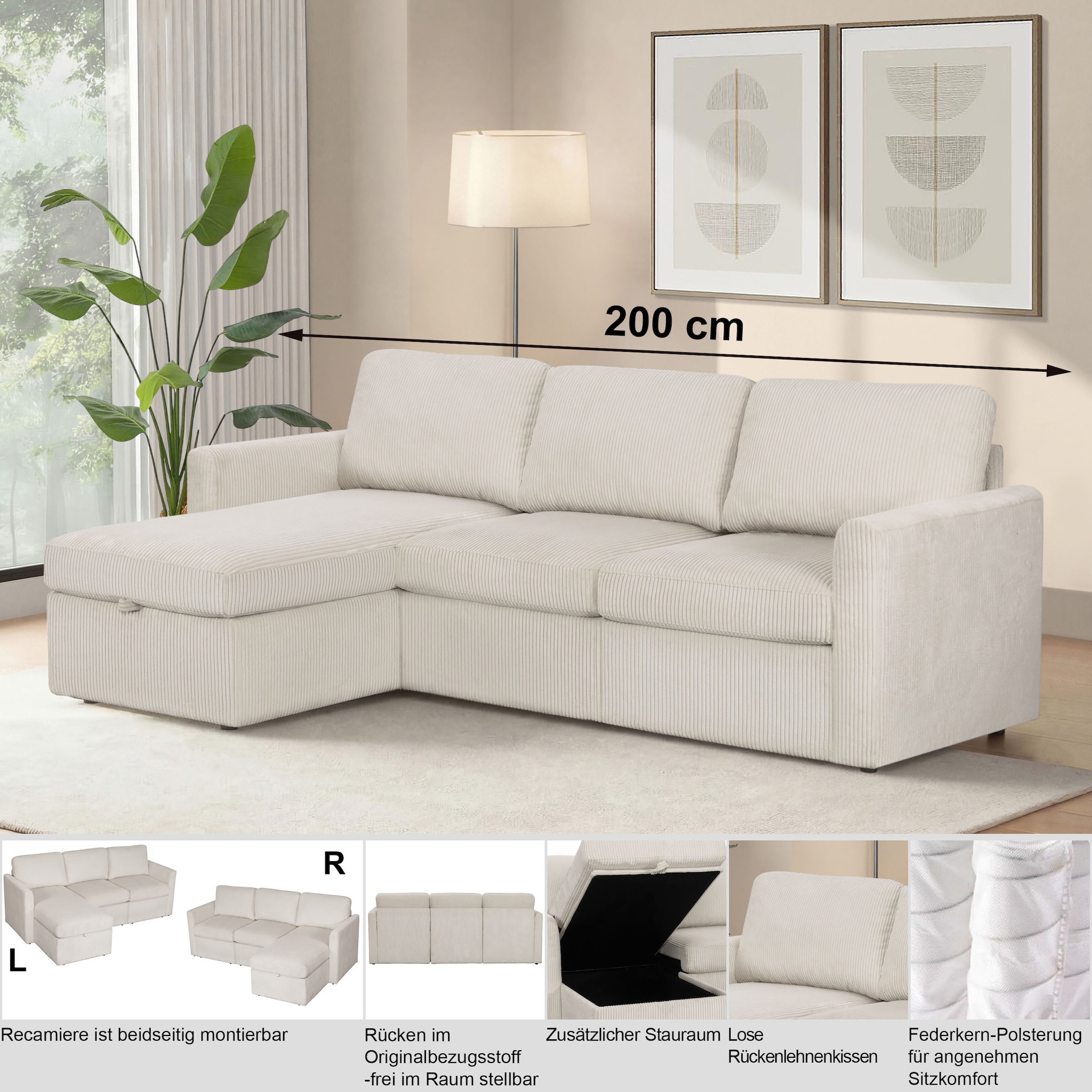 Dorel Home Ecksofa »NORDHUS, L-Form, 200 cm, Recamiere rechts/links montierbar« mit Stauraum, softer Cord-Bezug