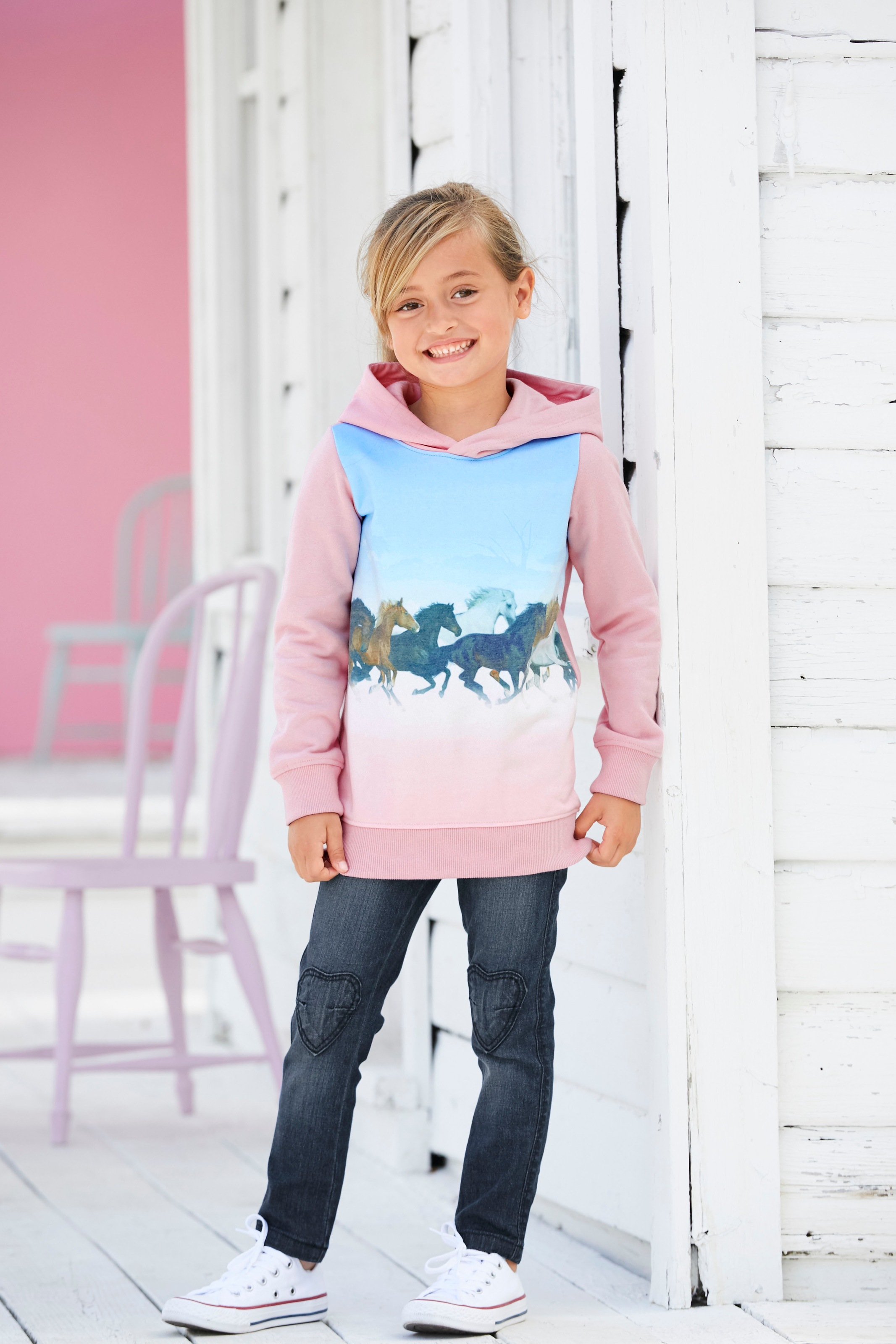 KIDSWORLD Longsweatshirt »für kleine Mädchen«, Langarm, bedruckt, mit Kapuze, aus angerauter Sweatware