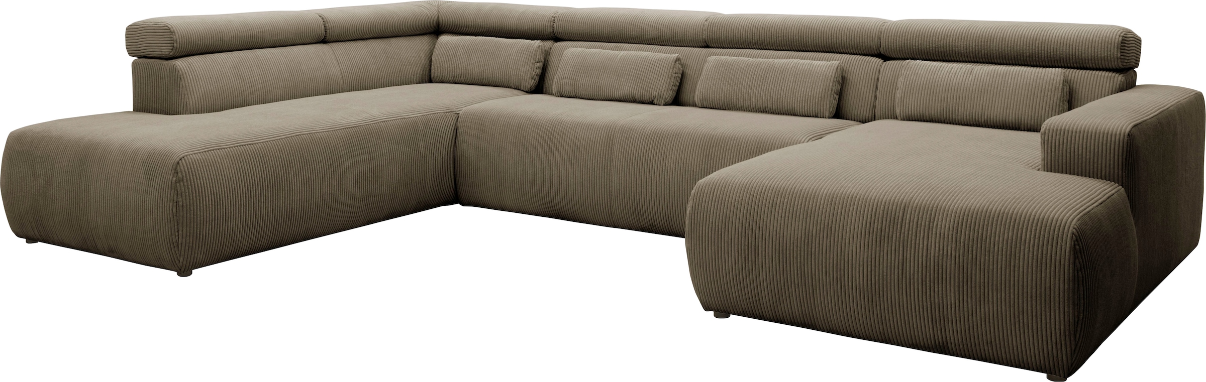 DOMO collection Wohnlandschaft »Brandon, belastbar bis 140kg/ Sitz, B/T: 359/228 cm, U-Form«, ohne Sitztiefenverstellung, Cord, schlamm