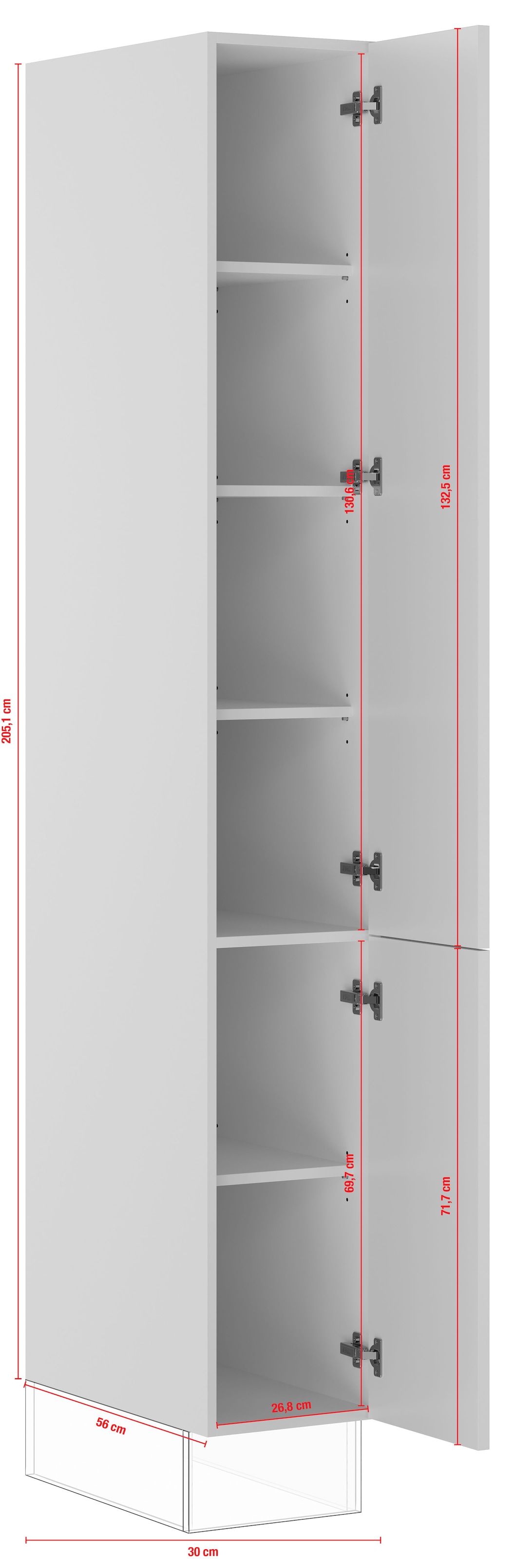 IMPULS KÜCHEN Seitenschrank »"Prag", Breite/Höhe: 30/205,1 cm«, vormontiert, mit Drehtüren, mit verstellbaren Fachböden