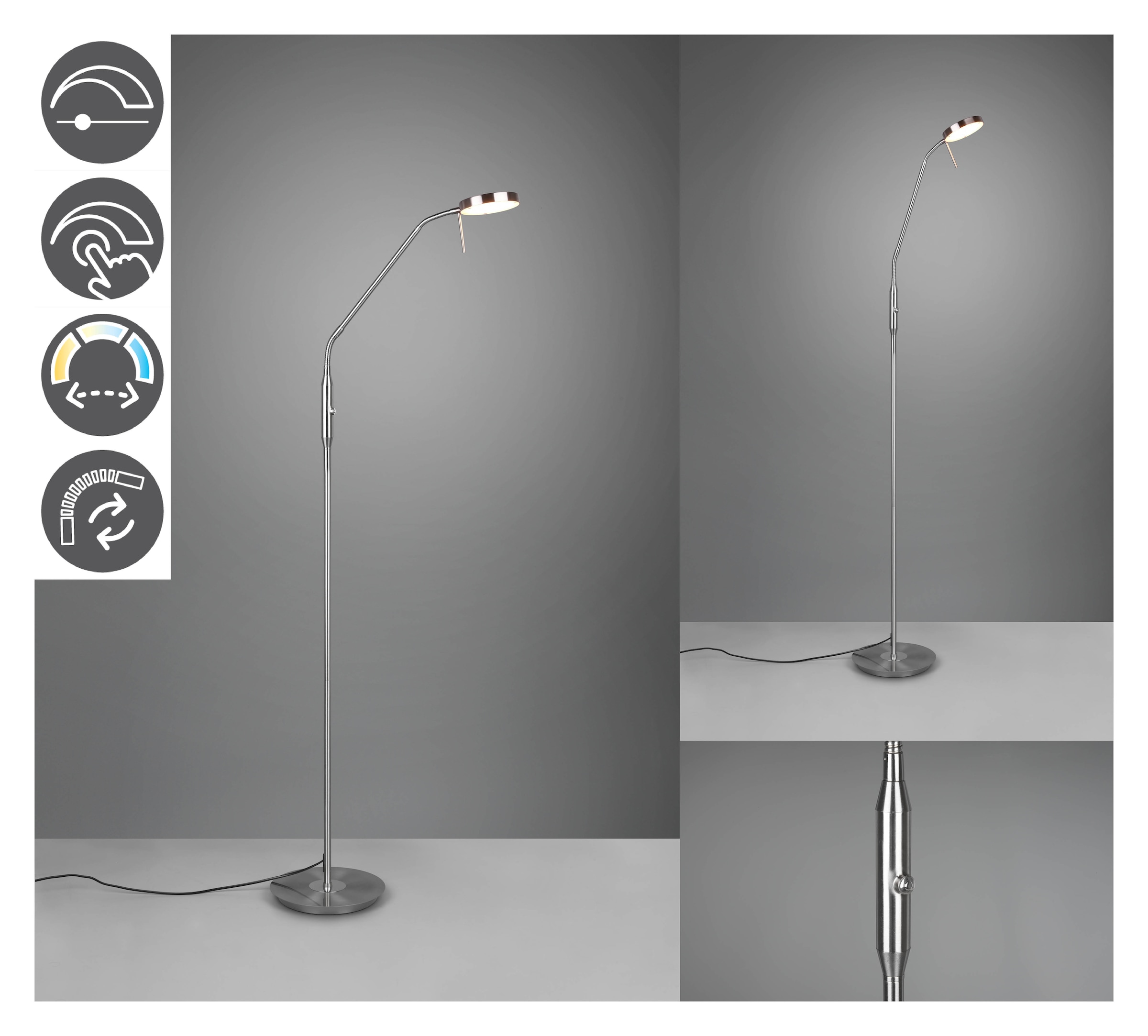 TRIO Leuchten LED Stehlampe »MONZA, Stehleuchte mit Sensordimmer Lichtfarbe einstellbar 2300-4000K«, 1 flammig, Leuchtmittel LED-Board | LED fest integriert, Leuchtenkopf flexibel verstellbar Memoryfunktion Höhe 145-160 cm