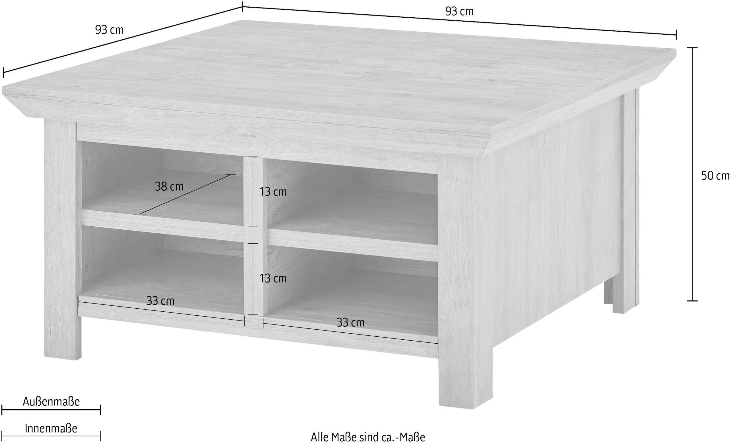 Home affaire Couchtisch »Cornwall, Beistelltisch im Landhausstil, Sofatisch, Eiche Dekor«, (1 St.), 93 cm breit, Klappenfach und offenen Fächern