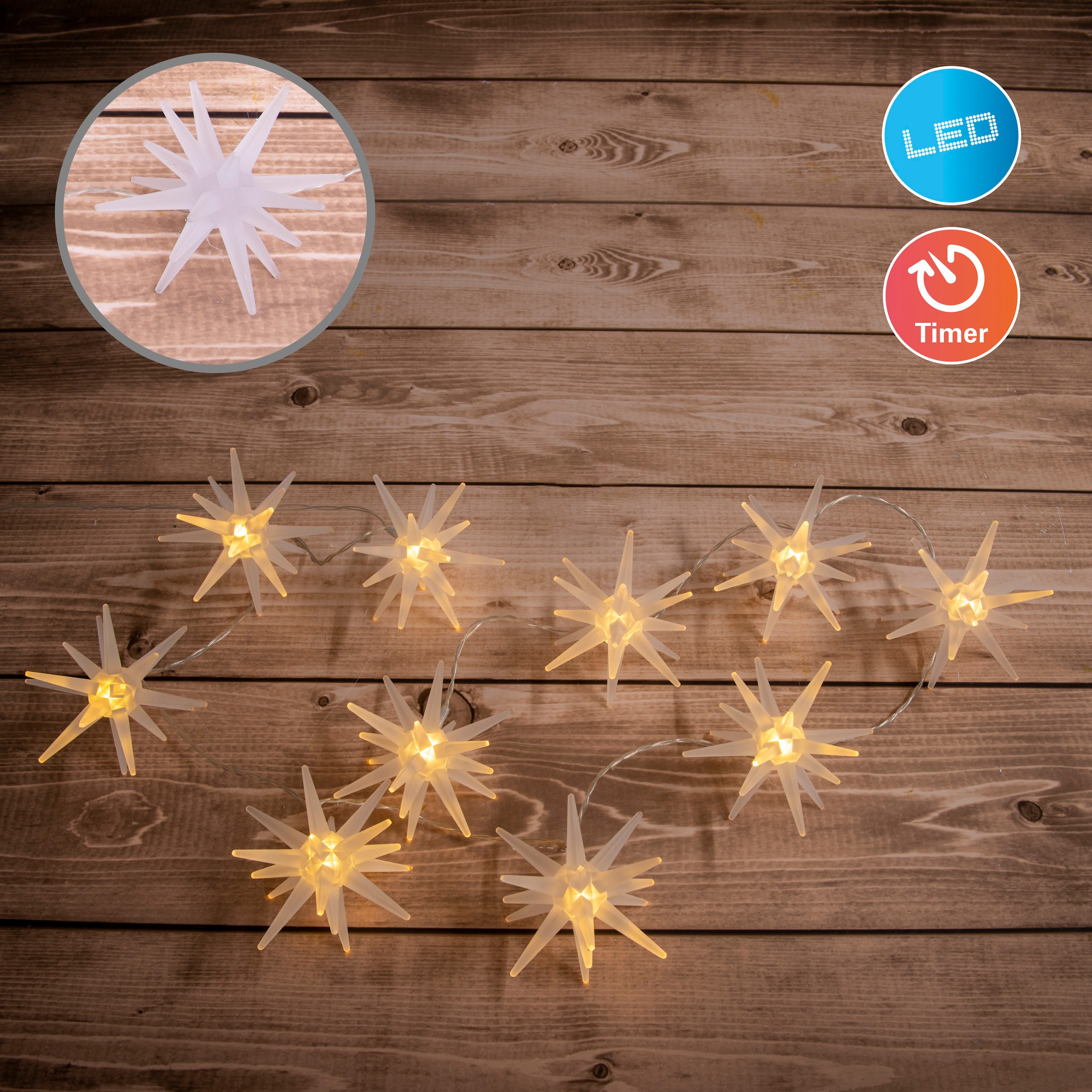 LED-Lichterkette Länge auf St.-flammig, näve Kunststoff kaufen Timer gefrostet weiß mit »3D-Sterne, 10 Weihnachtsdeko«, in aus 165cm Raten