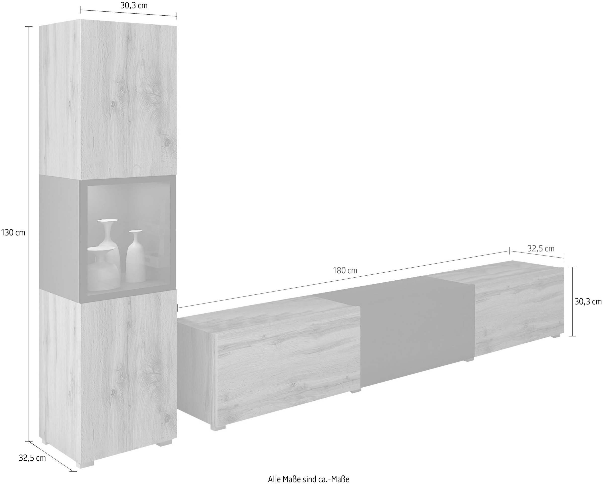 INOSIGN Wohnwand »BERLIN I«, (Komplett-Set, 2 St.), moderne grifflose Mediawand Breite 220 cm, Vitrine mit Verglasung