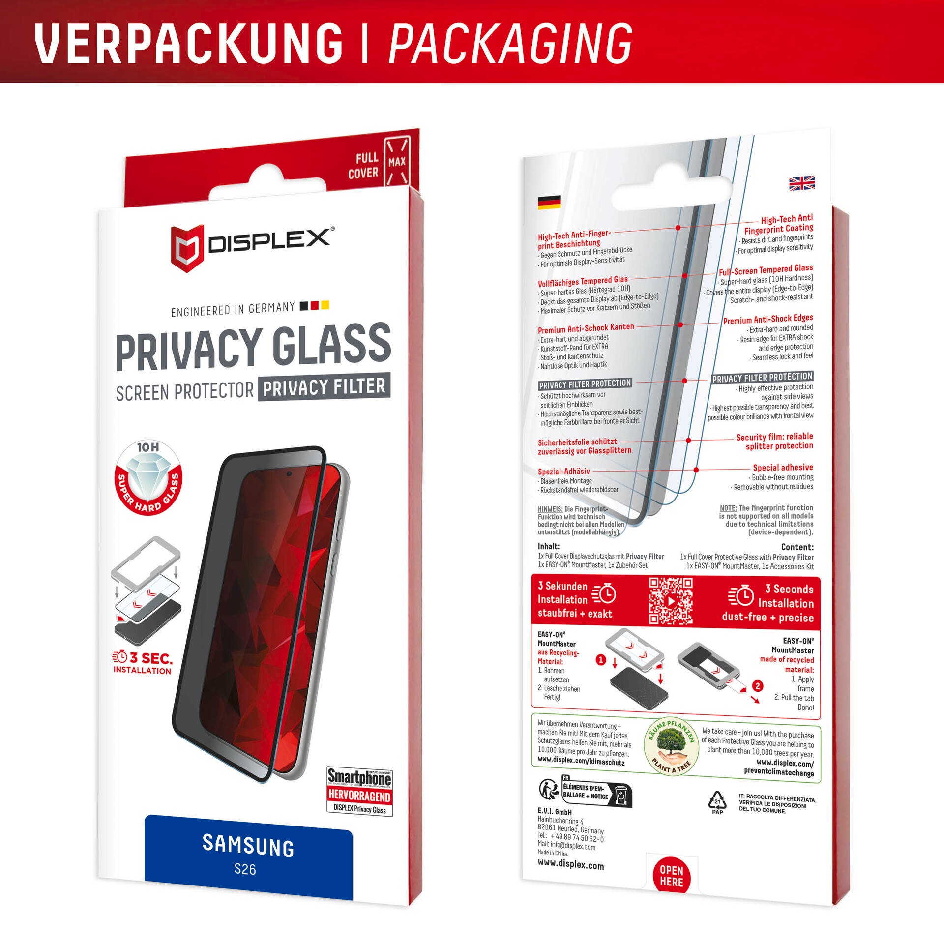 Displex Displayschutzglas »Privacy Glass Screen Protector mit MountMaster« für Samsung Galaxy S26 Displayschutzfolie, Schutzfolie, Bildschirmschutz, kratz- & stoßfest