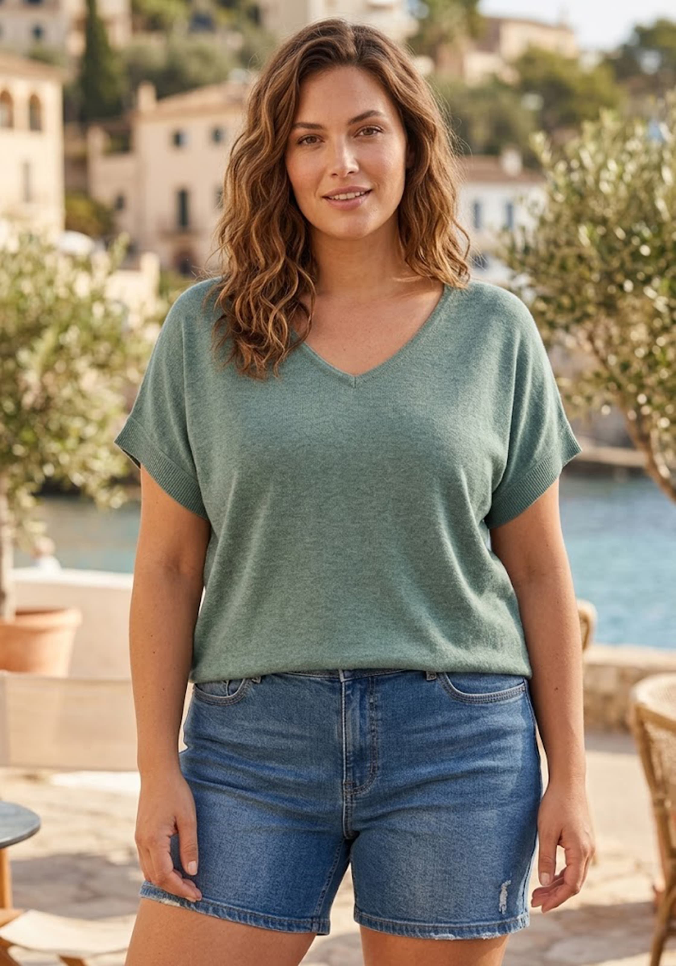 Laura Scott CURVE V-Ausschnitt-Pullover »Große Größen« sommerlicher Feinstrick mit figurschmeichelnder Passform