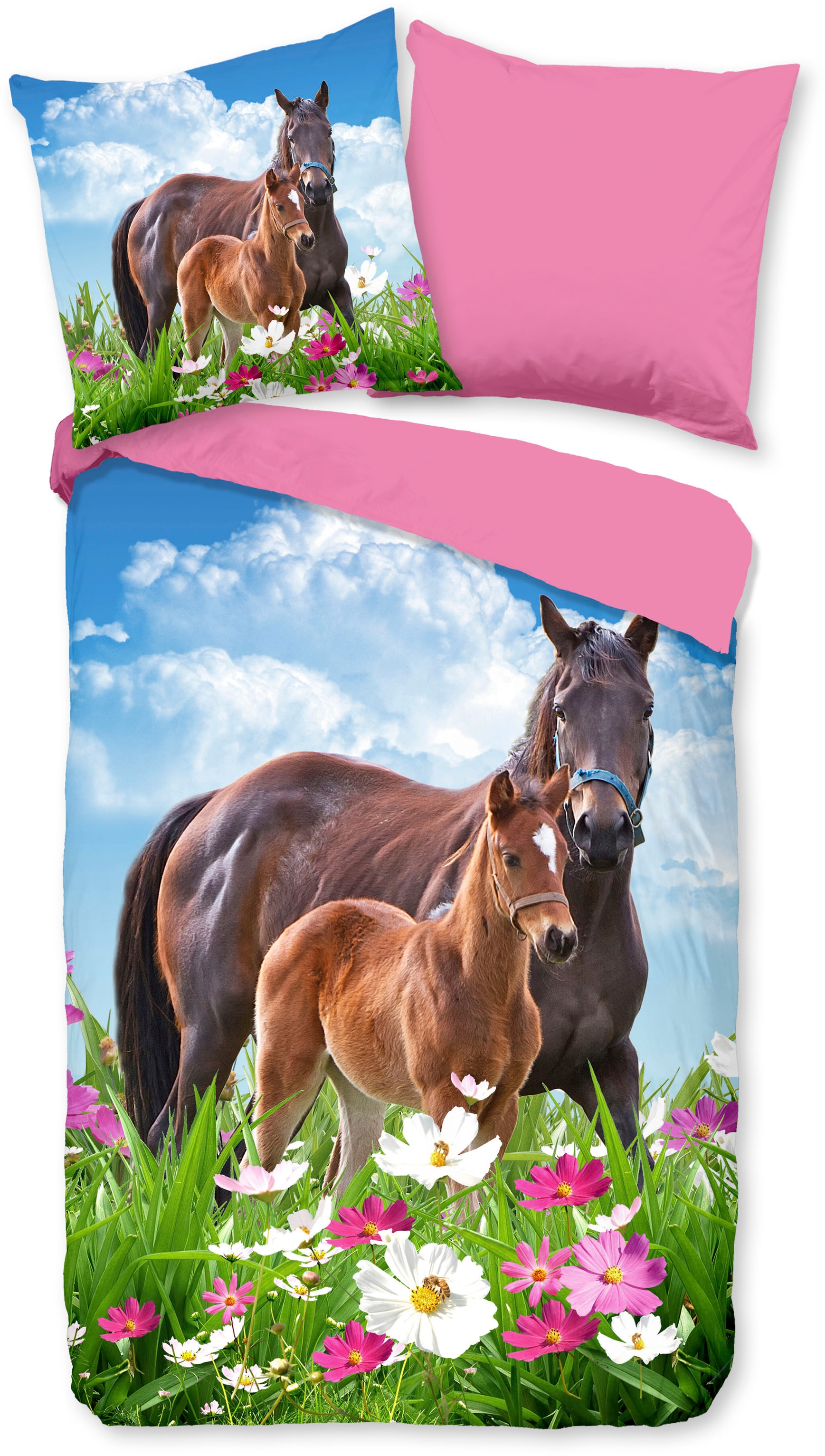 good morning Kinderbettwäsche »Dora«, Baumwolle, 135x200, Reißverschluss, Wendeoptik, Kind, Mädchen, Pferd